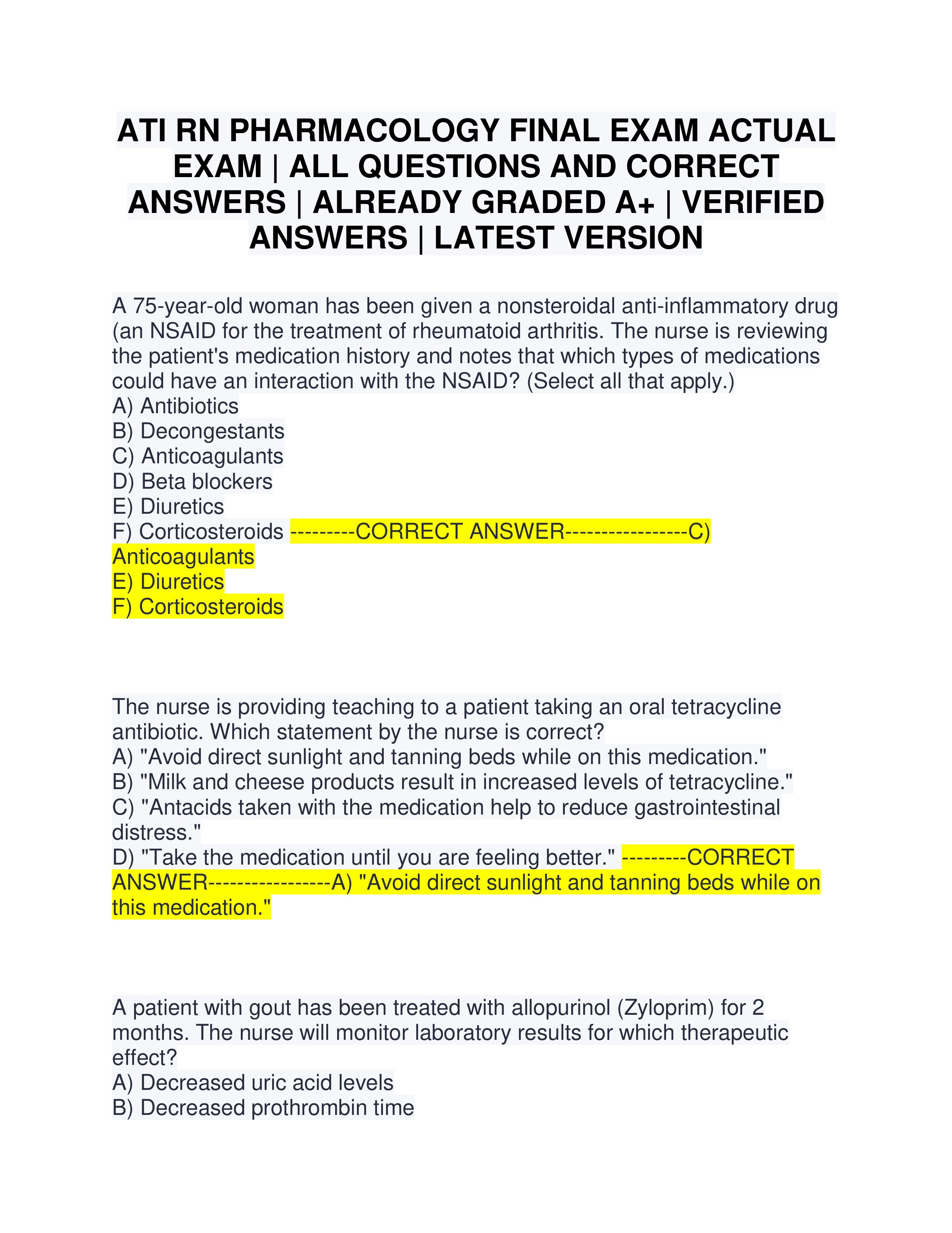 Preview page 1 of ATI RN PHARMACOLOGY FINAL EXAM ACTUAL EXAM | ALL QUESTIONS AND CORRECT ANSWERS | ALREADY GRADED A+ | VERIFIED ANSWERS | 