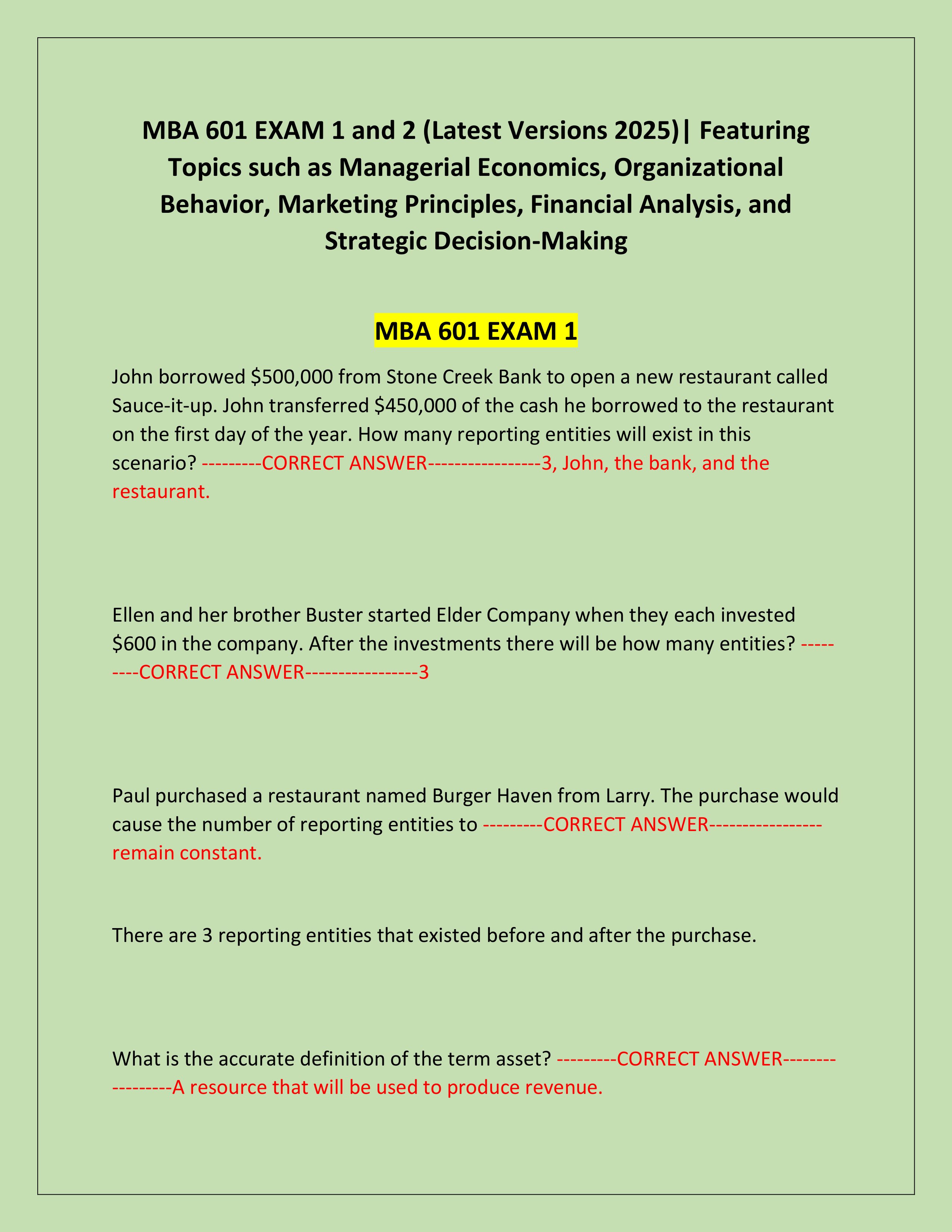 Preview page 1 of MBA 601 EXAM 1 and 2 (Latest Versions 2025)| Featuring Topics such as Managerial Economics, Organizational Behavior, Mar