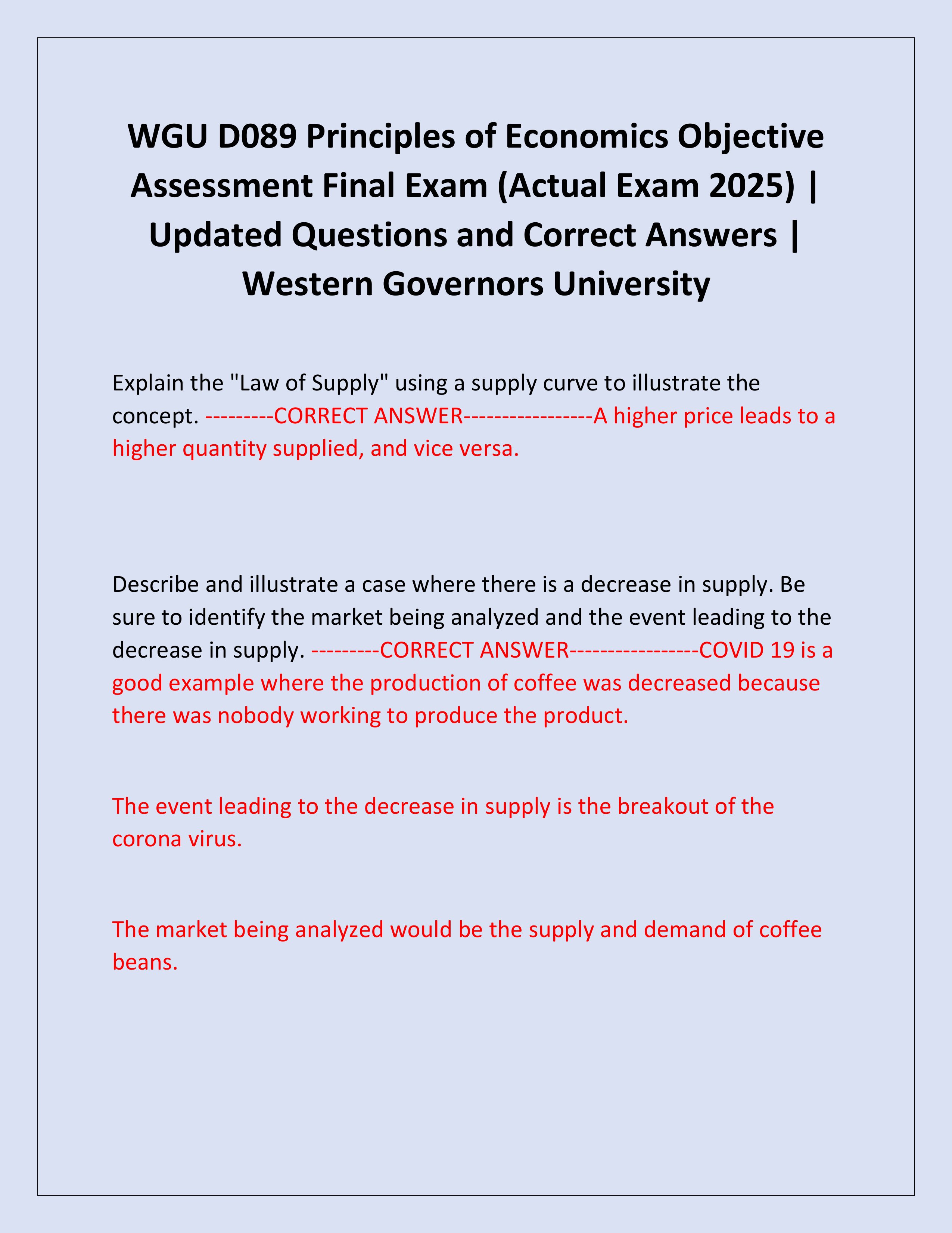 Preview page 1 of WGU D089 Principles of Economics Objective Assessment Final Exam (Actual Exam 2025) | Updated Questions and Correct Answ
