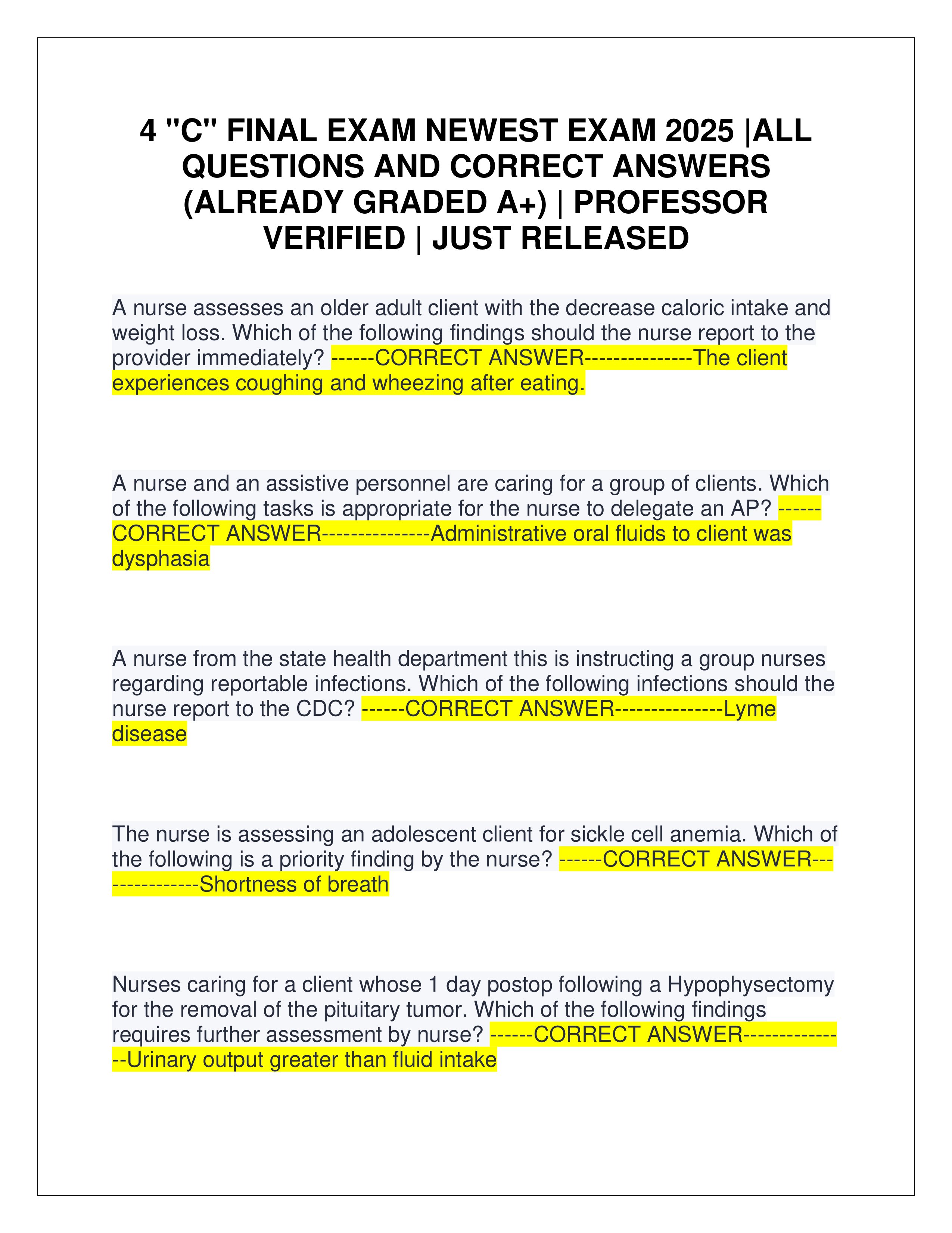 Preview page 1 of 4 "C" FINAL EXAM NEWEST EXAM 2025 |ALL QUESTIONS AND CORRECT ANSWERS (ALREADY GRADED A+) | PROFESSOR VERIFIED | JUST REL