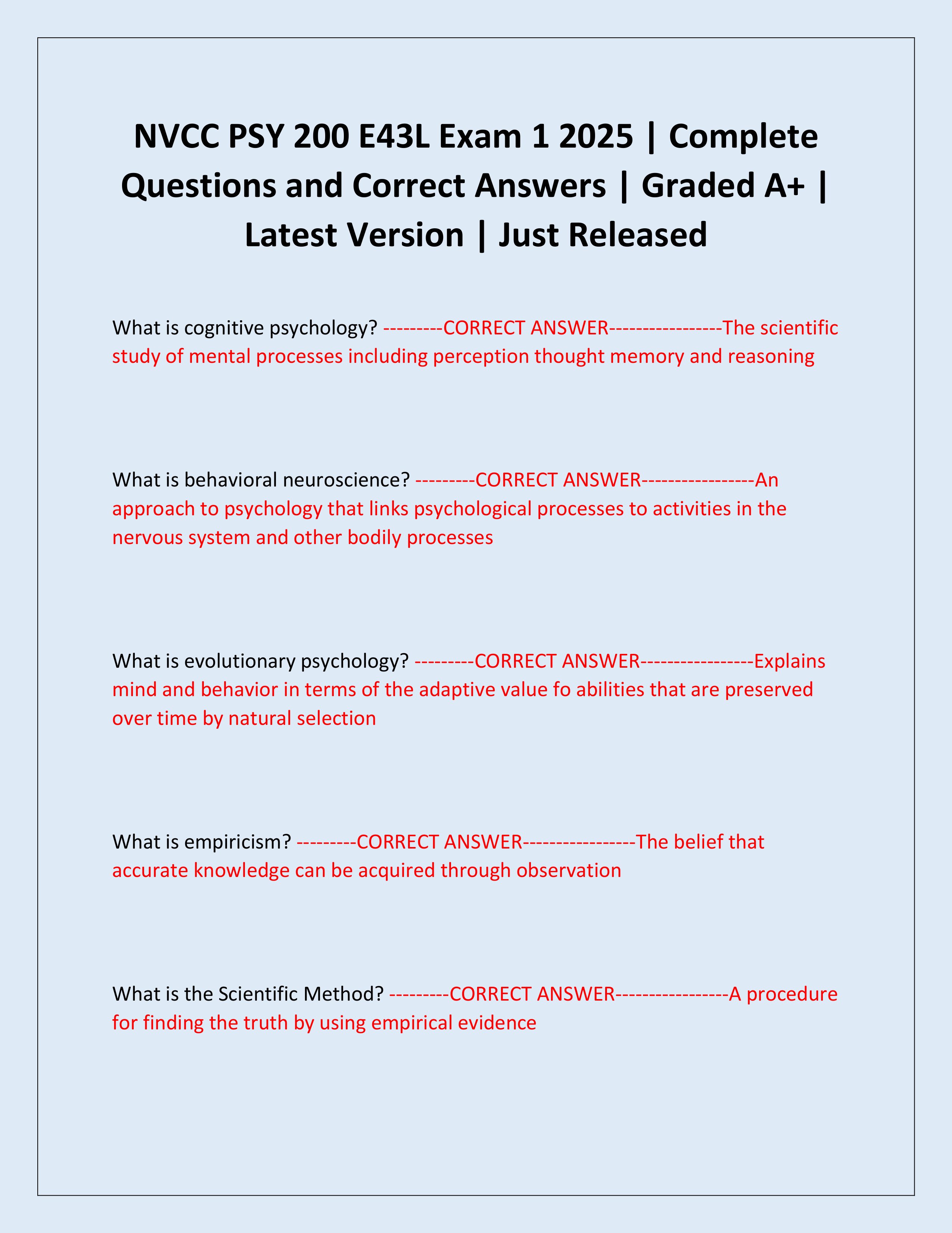 Preview page 1 of NVCC PSY 200 E43L Exam 1 2025 | Complete Questions and Correct Answers | Graded A+ | Latest Version | Just Released