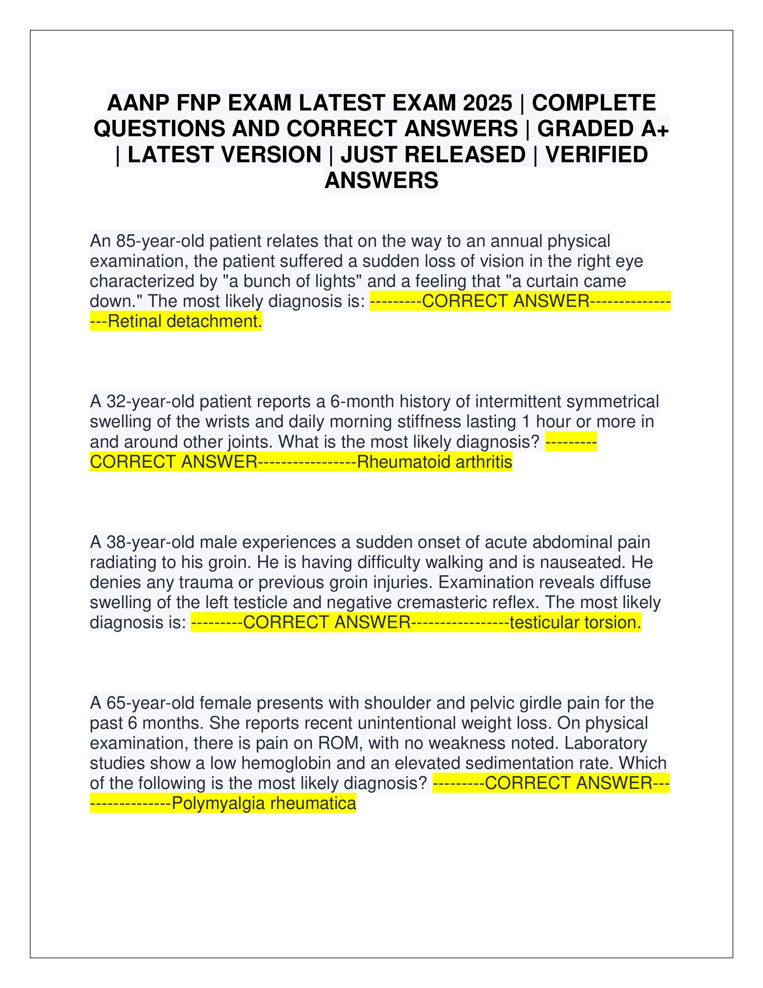 Preview page 1 of AANP FNP EXAM LATEST EXAM 2025 | COMPLETE QUESTIONS AND CORRECT ANSWERS | GRADED A+ | LATEST VERSION | JUST RELEASED | V