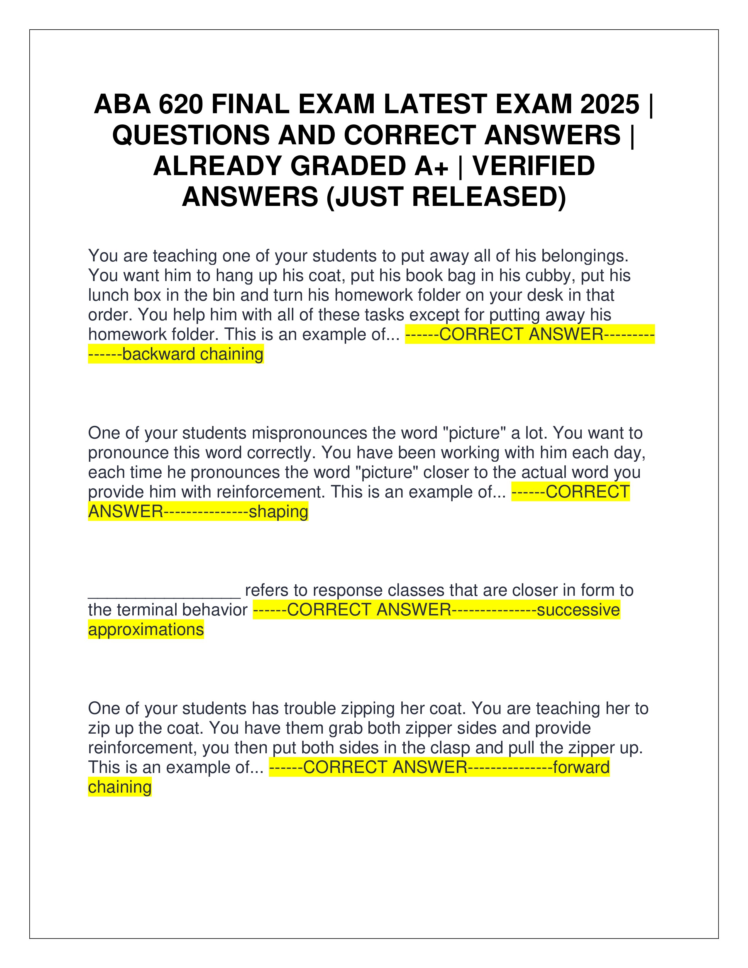 Preview page 1 of ABA 620 FINAL EXAM LATEST EXAM 2025 | QUESTIONS AND CORRECT ANSWERS | ALREADY GRADED A+ | VERIFIED ANSWERS (JUST RELEASE