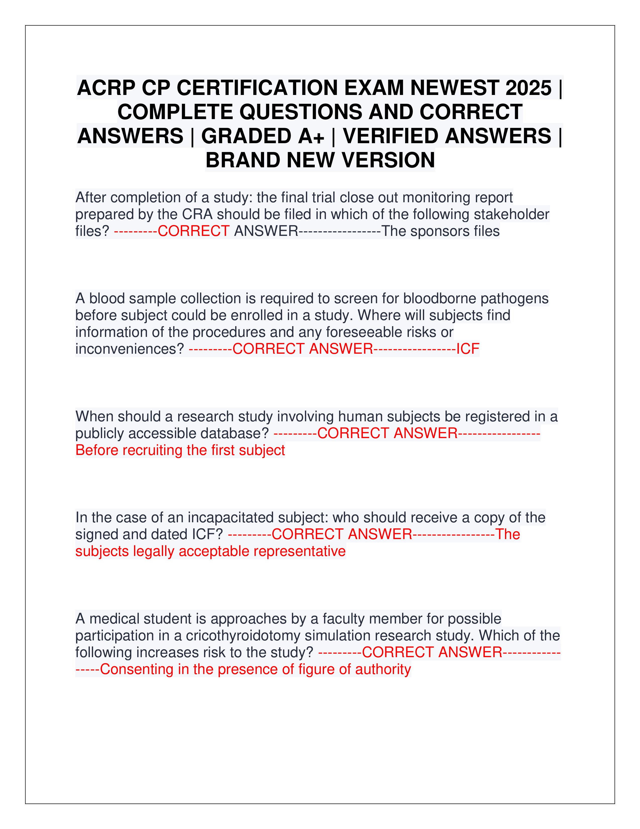 Preview page 1 of ACRP CP CERTIFICATION EXAM NEWEST 2025 | COMPLETE QUESTIONS AND CORRECT ANSWERS | GRADED A+ | VERIFIED ANSWERS | BRAND N