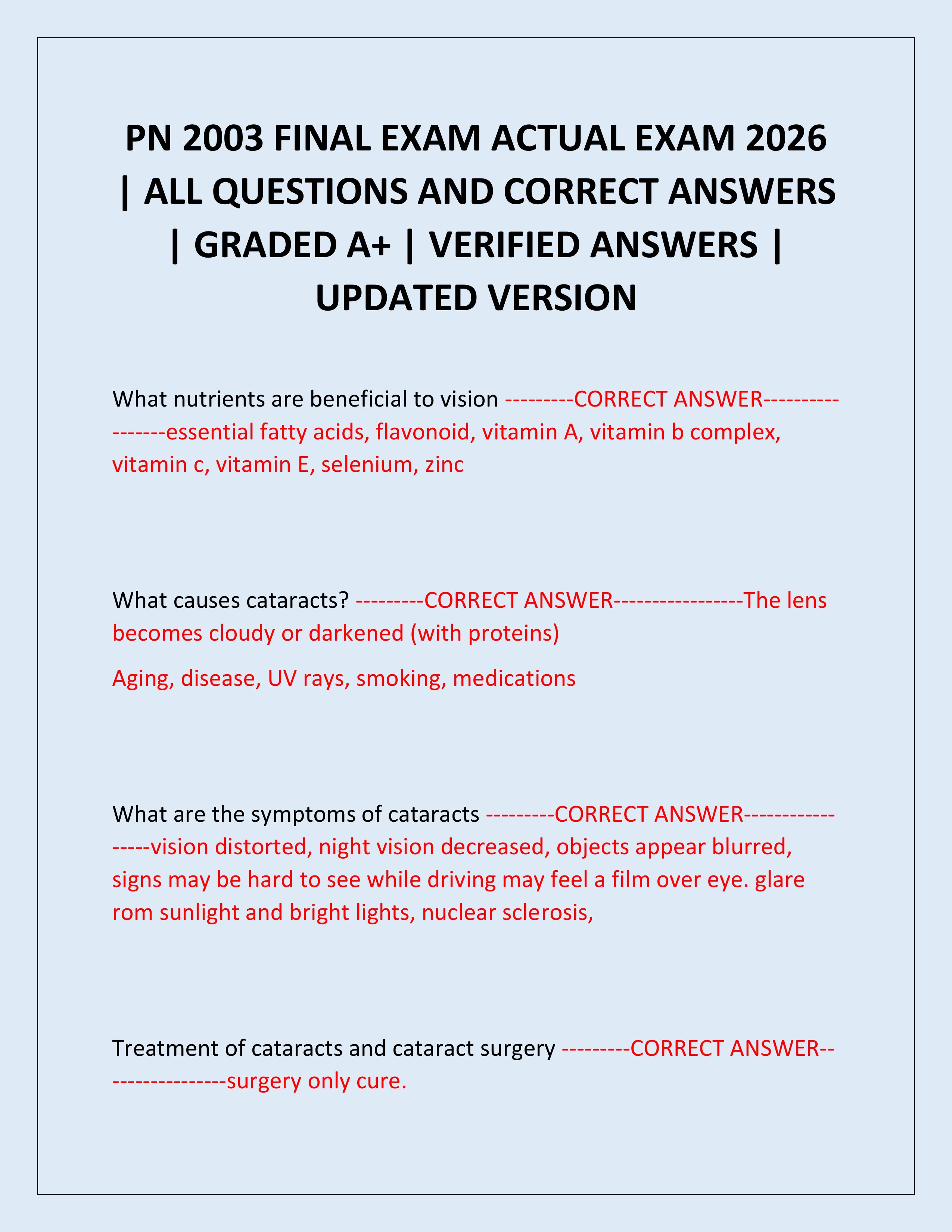 Preview page 1 of PN 2003 FINAL EXAM ACTUAL EXAM 2026 | ALL QUESTIONS AND CORRECT ANSWERS | GRADED A+ | VERIFIED ANSWERS | UPDATED VERSION