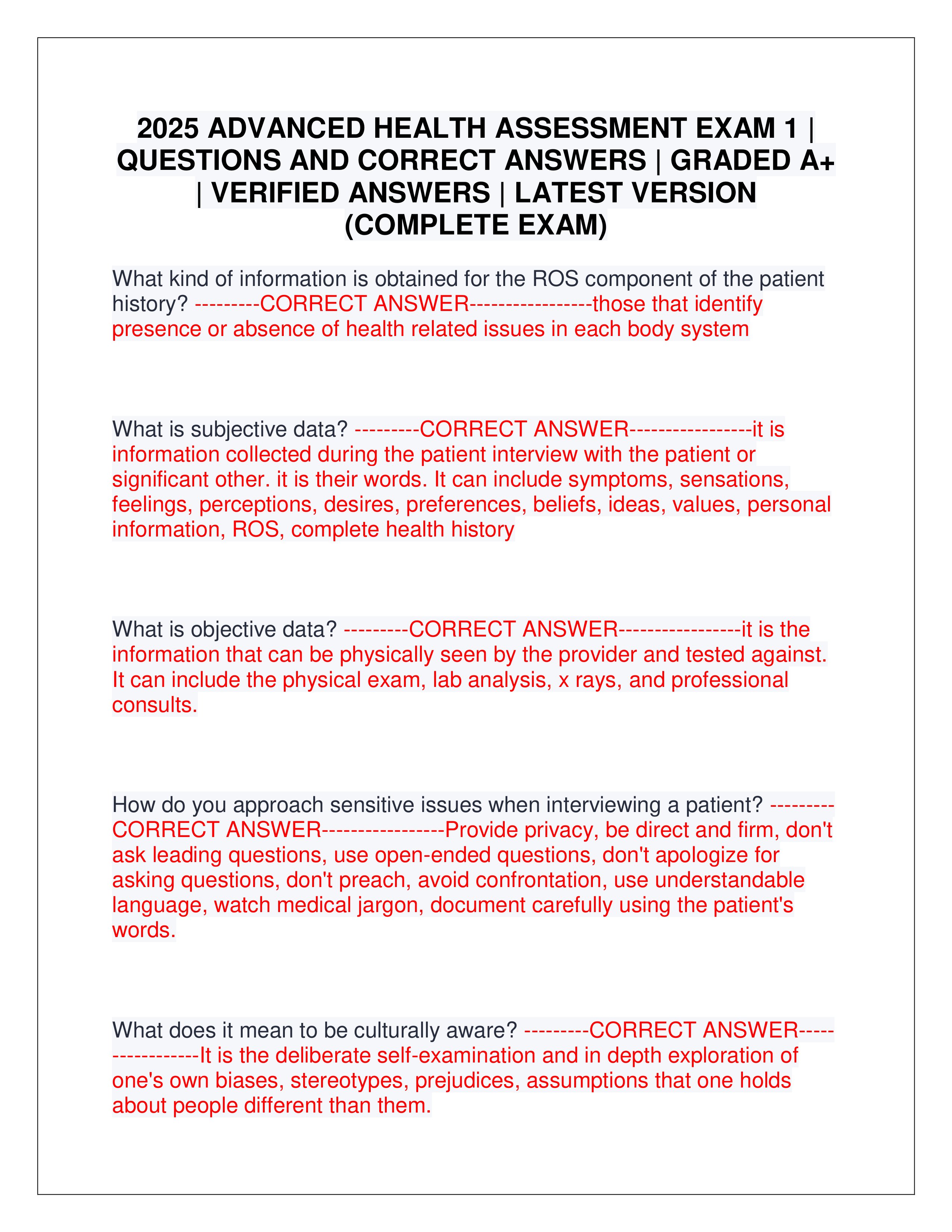 Preview page 1 of 2025 ADVANCED HEALTH ASSESSMENT EXAM 1 | QUESTIONS AND CORRECT ANSWERS | GRADED A+ | VERIFIED ANSWERS | LATEST VERSION (