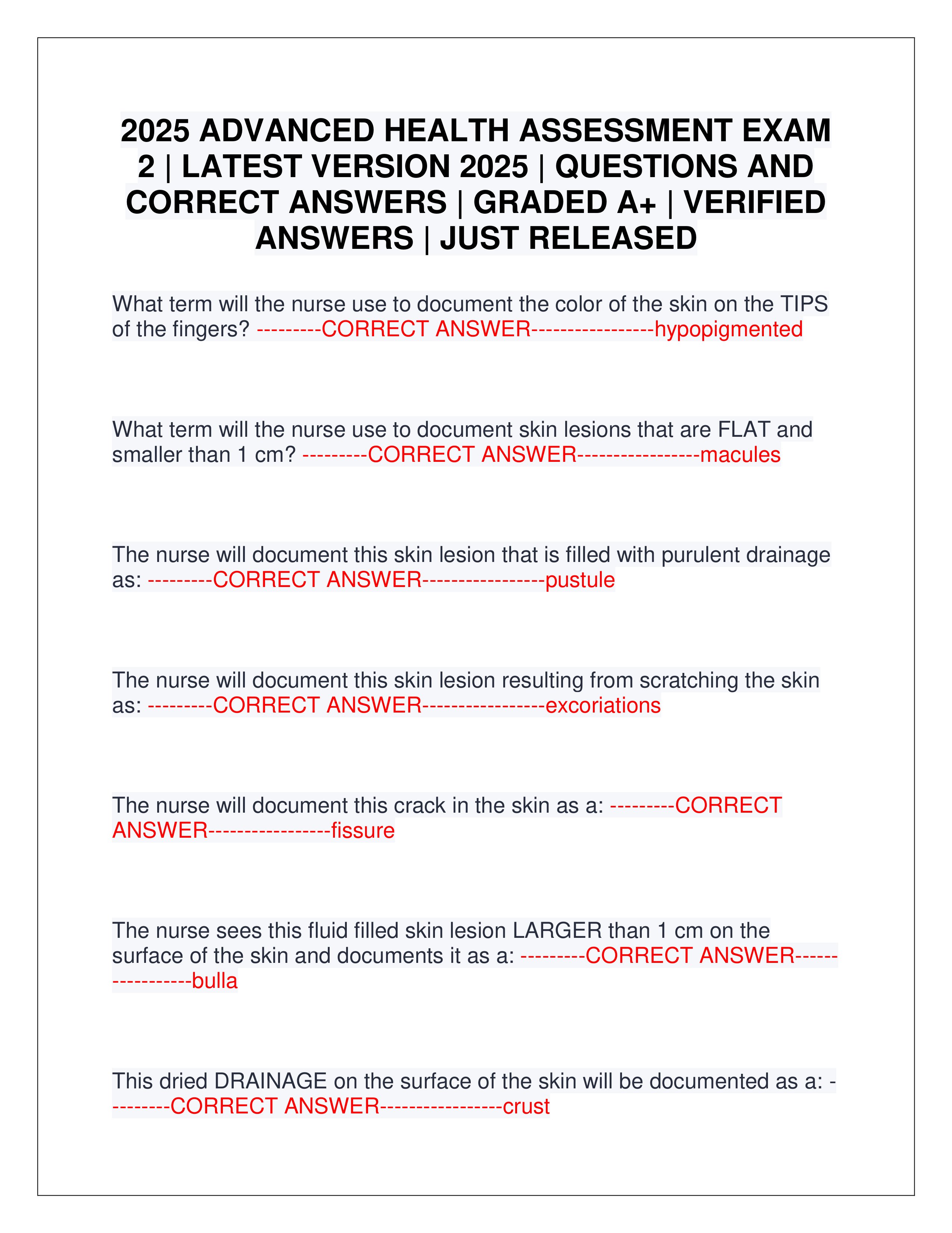 Preview page 1 of 2025 ADVANCED HEALTH ASSESSMENT EXAM 2 | LATEST VERSION 2025 | QUESTIONS AND CORRECT ANSWERS | GRADED A+ | VERIFIED ANSW