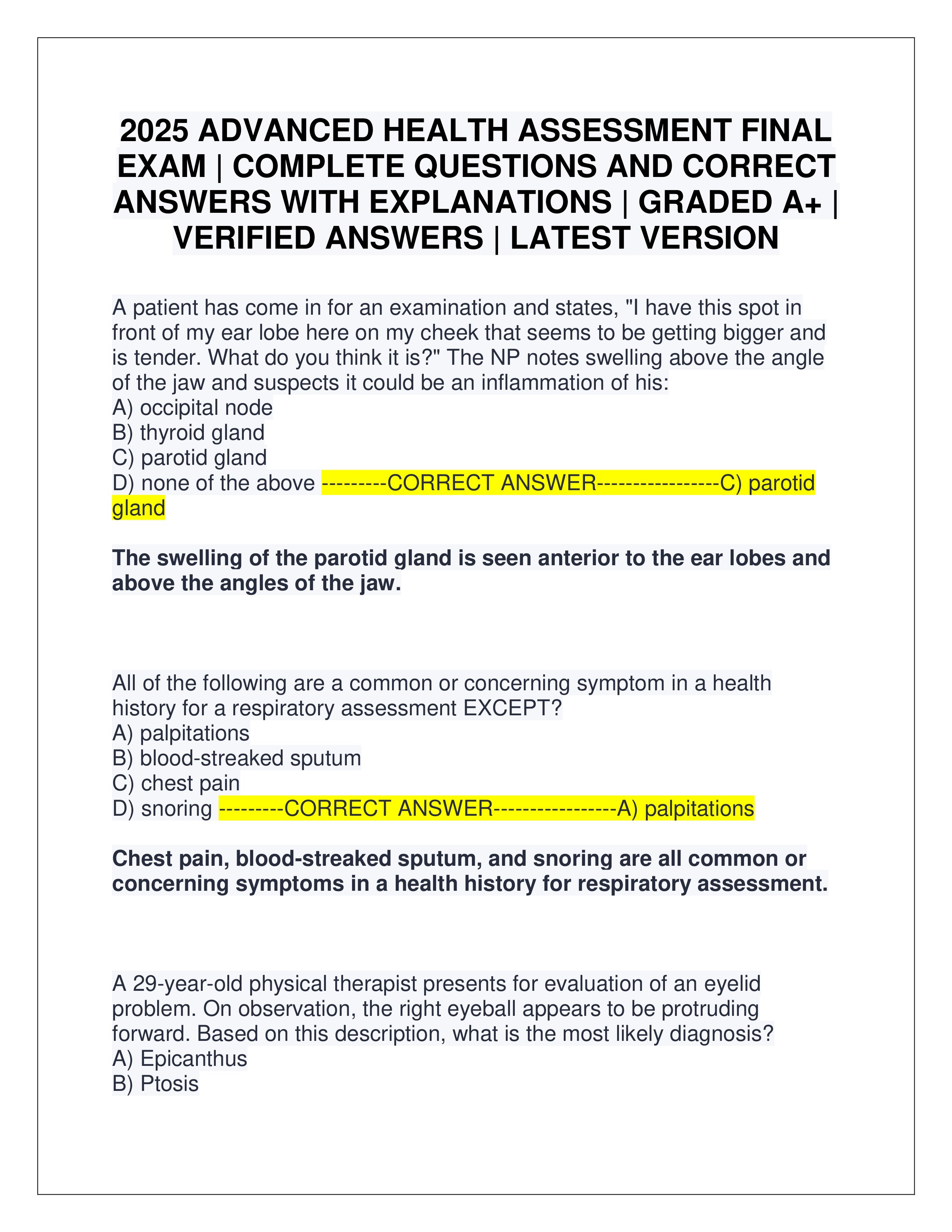 Preview page 1 of 2025 ADVANCED HEALTH ASSESSMENT FINAL EXAM | COMPLETE QUESTIONS AND CORRECT ANSWERS WITH EXPLANATIONS | GRADED A+ | VERI