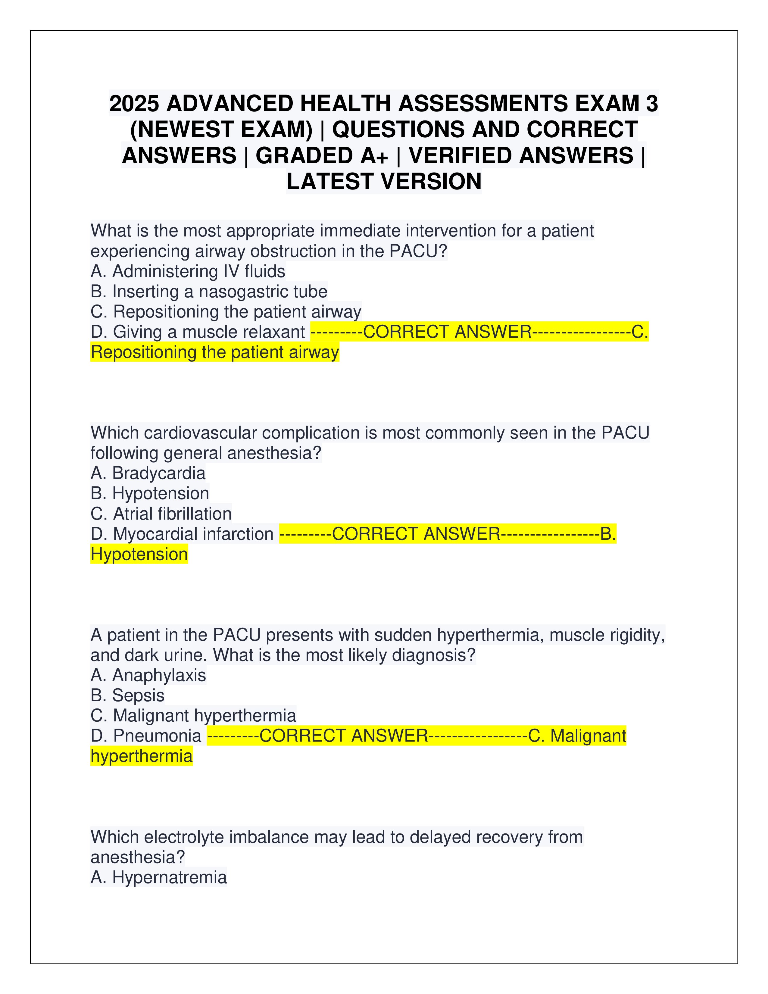 Preview page 1 of 2025 ADVANCED HEALTH ASSESSMENTS EXAM 3 (NEWEST EXAM) | QUESTIONS AND CORRECT ANSWERS | GRADED A+ | VERIFIED ANSWERS | L