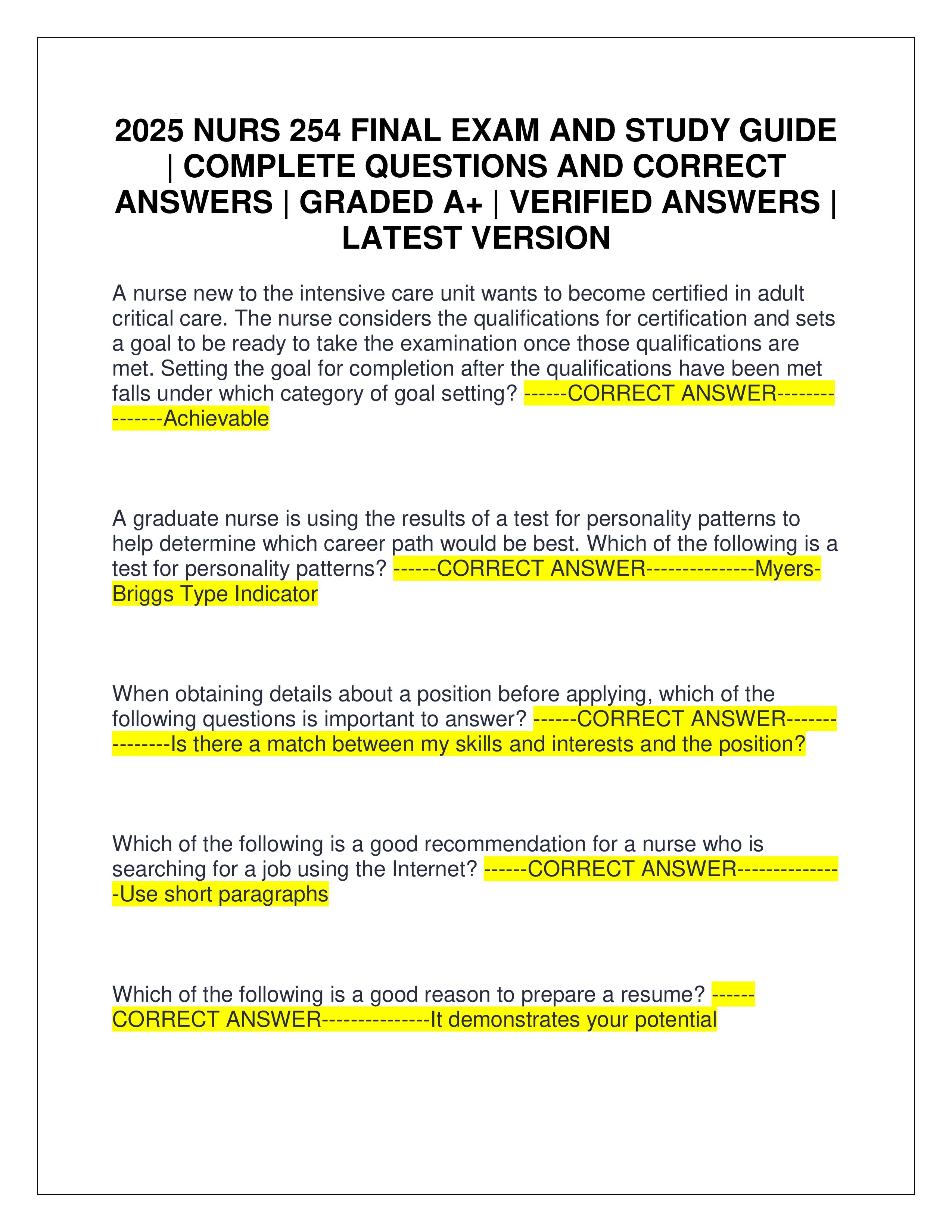Preview page 1 of 2025 NURS 254 FINAL EXAM AND STUDY GUIDE | COMPLETE QUESTIONS AND CORRECT ANSWERS | GRADED A+ | VERIFIED ANSWERS | LATES