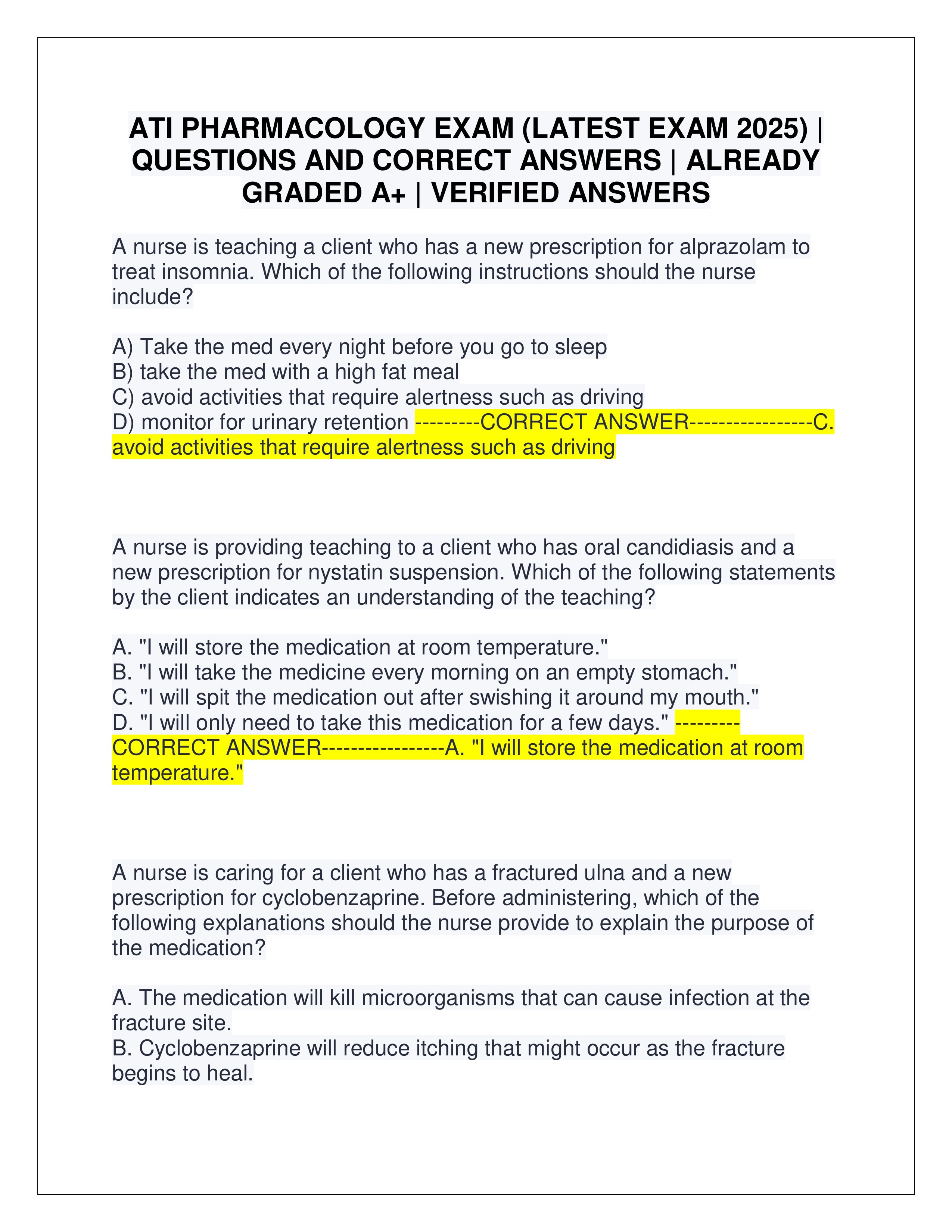 Preview page 1 of ATI PHARMACOLOGY EXAM (LATEST EXAM 2025) | QUESTIONS AND CORRECT ANSWERS | ALREADY GRADED A+ | VERIFIED ANSWERS
