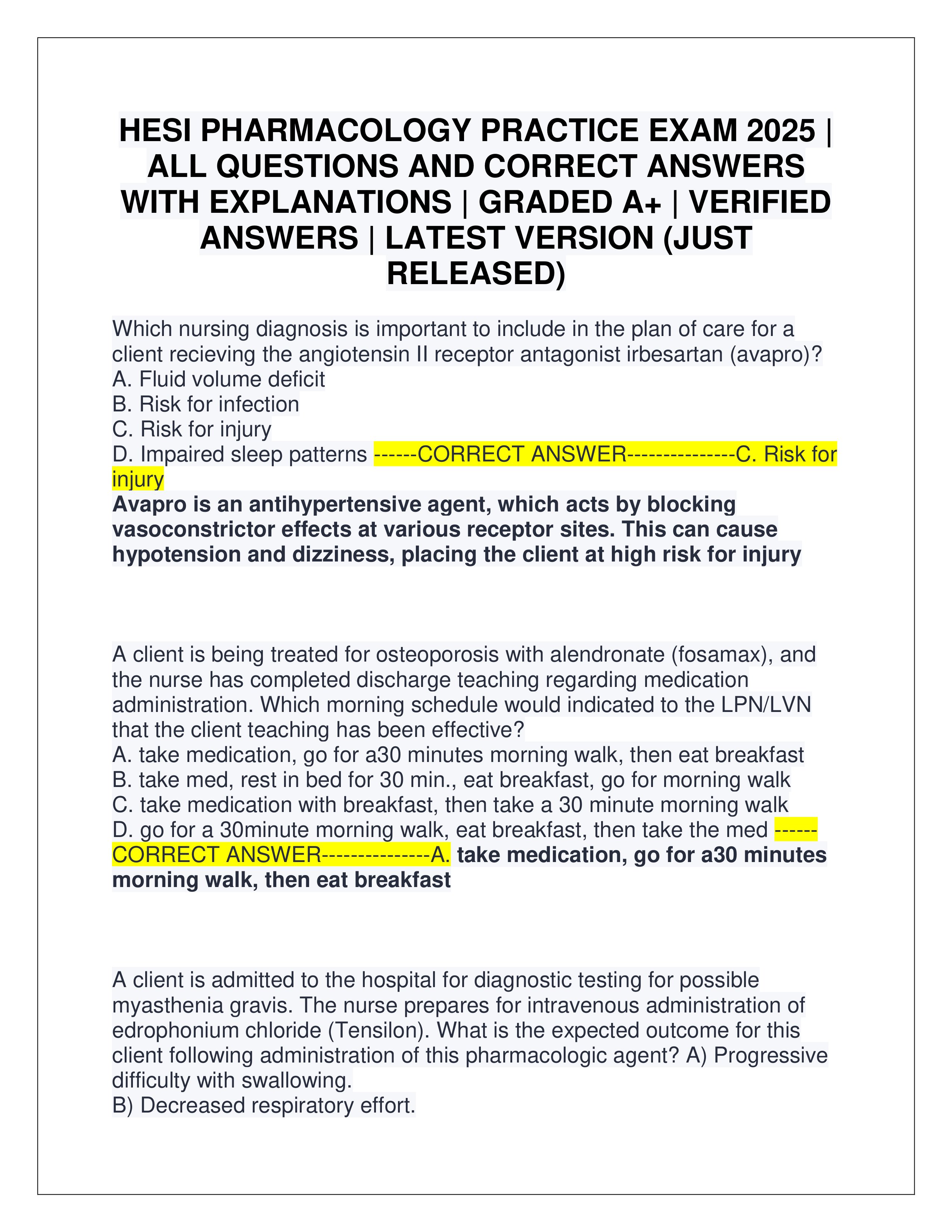 Preview page 1 of HESI PHARMACOLOGY PRACTICE EXAM 2025 | ALL QUESTIONS AND CORRECT ANSWERS WITH EXPLANATIONS | GRADED A+ | VERIFIED ANSWER