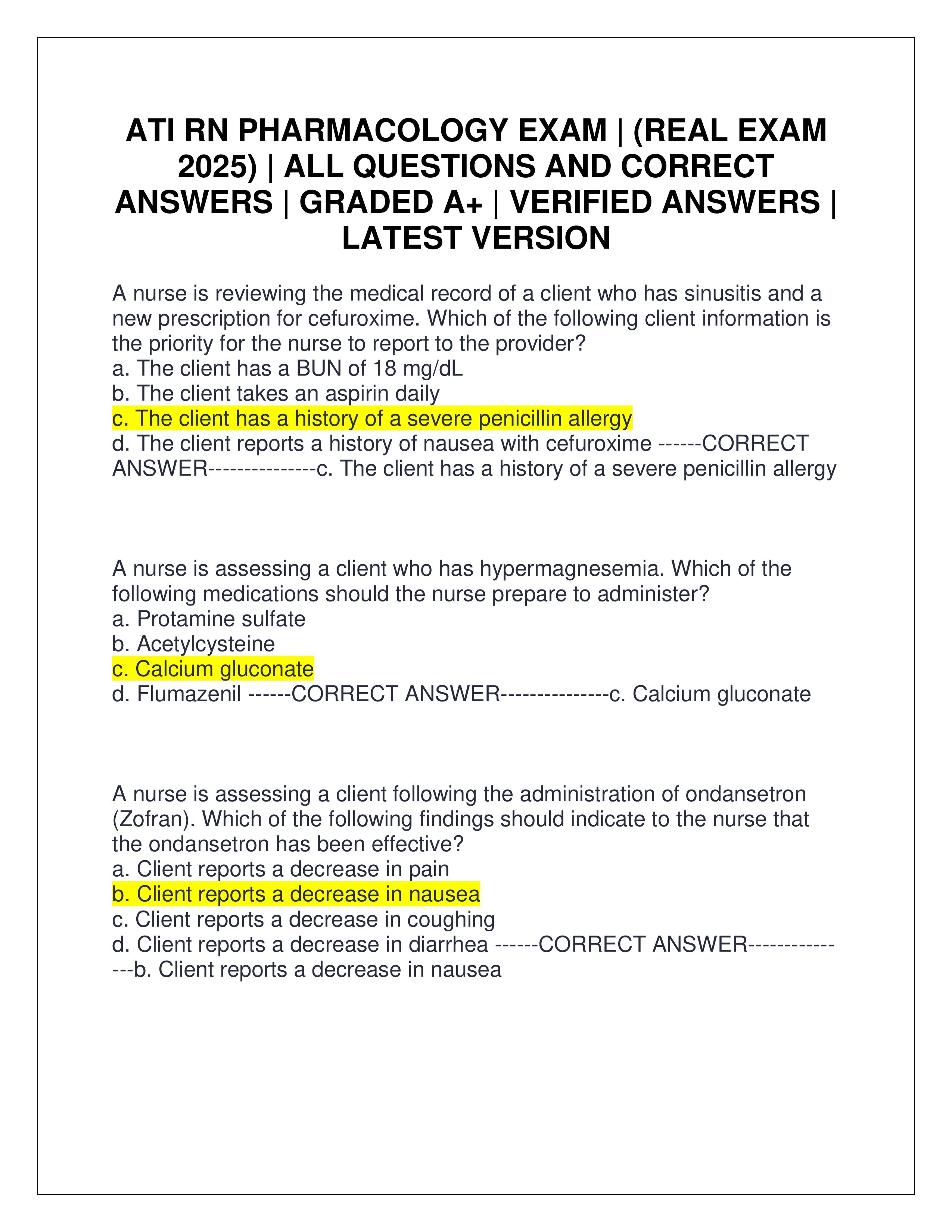 Preview page 1 of ATI RN PHARMACOLOGY EXAM | (REAL EXAM 2025) | ALL QUESTIONS AND CORRECT ANSWERS | GRADED A+ | VERIFIED ANSWERS | LATEST 