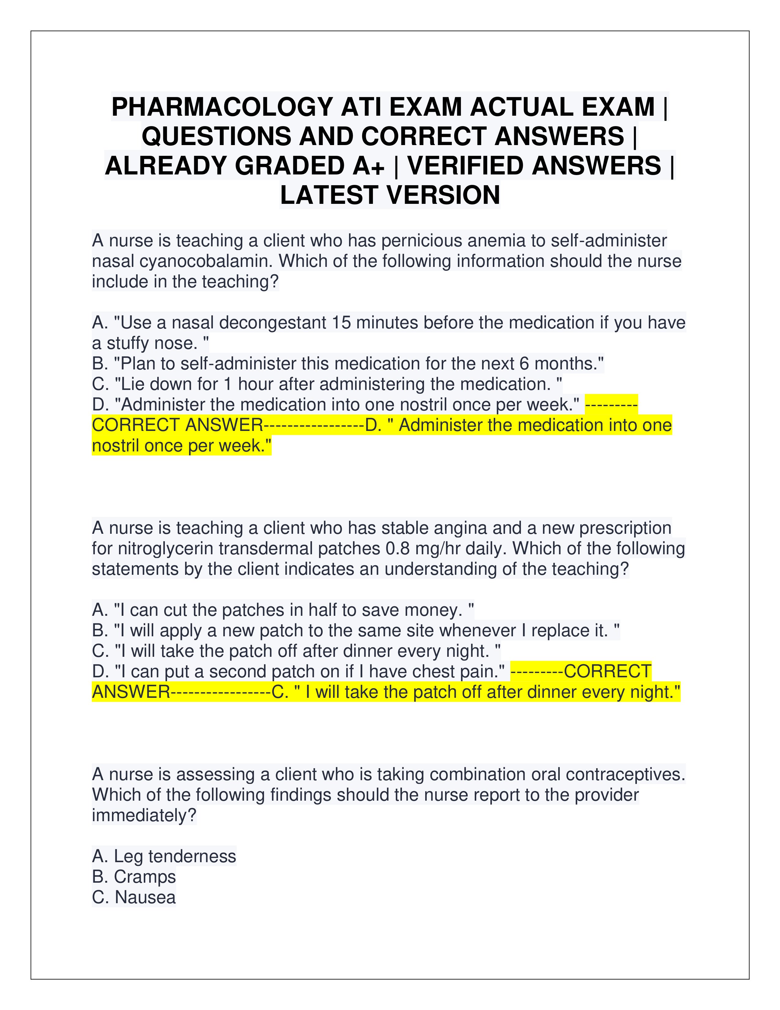 Preview page 1 of PHARMACOLOGY ATI EXAM ACTUAL EXAM | QUESTIONS AND CORRECT ANSWERS | ALREADY GRADED A+ | VERIFIED ANSWERS | LATEST VERSIO