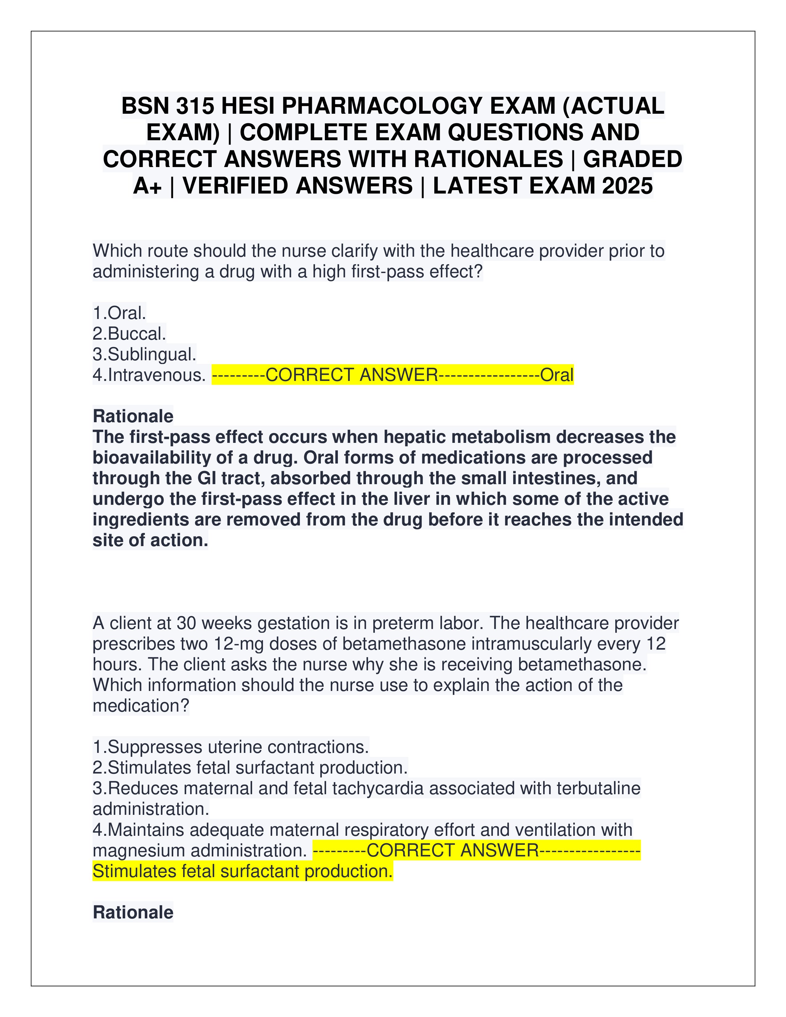 Preview page 1 of BSN 315 HESI PHARMACOLOGY EXAM (ACTUAL EXAM) | COMPLETE EXAM QUESTIONS AND CORRECT ANSWERS WITH RATIONALES | GRADED A+ |