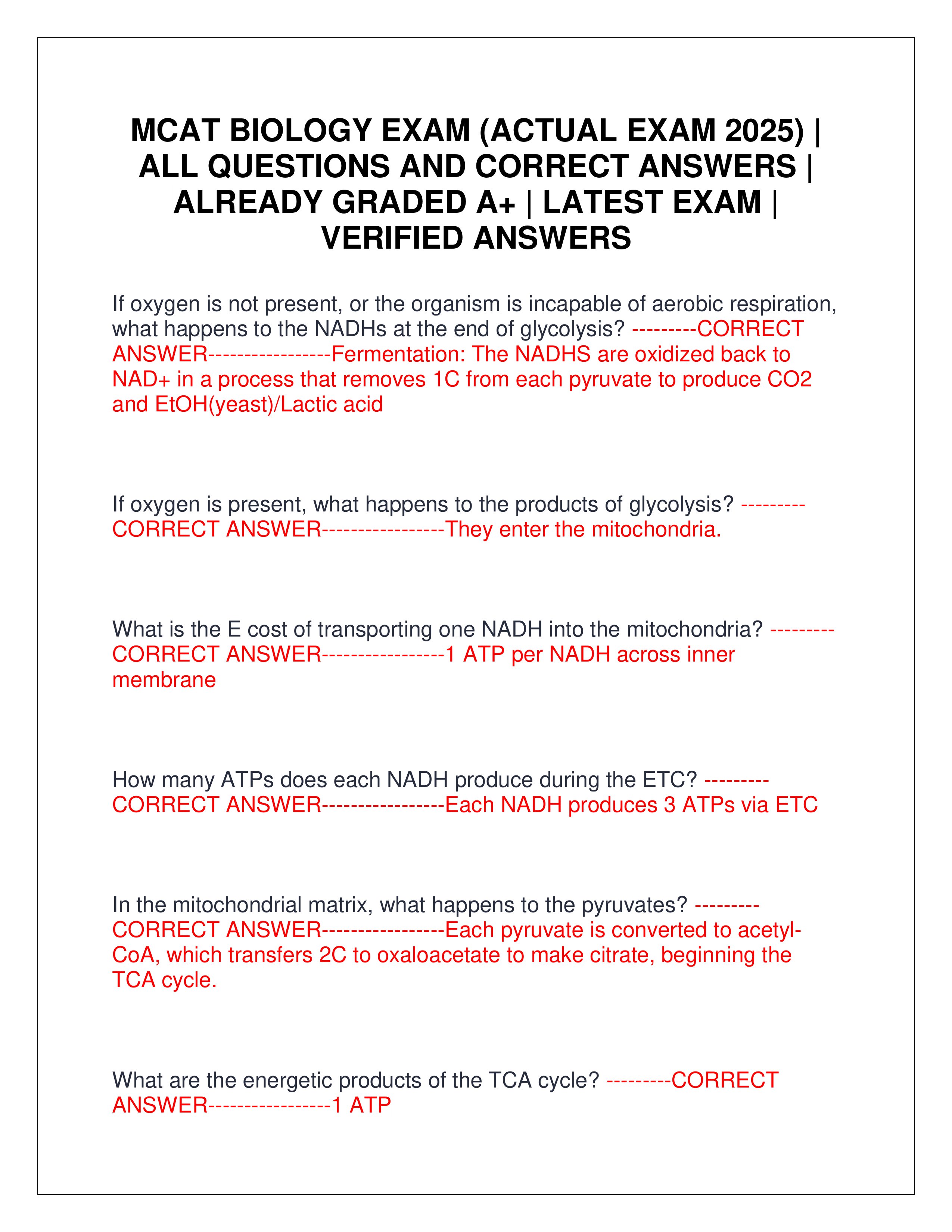 Preview page 1 of MCAT BIOLOGY EXAM (ACTUAL EXAM 2025) | ALL QUESTIONS AND CORRECT ANSWERS | ALREADY GRADED A+ | LATEST EXAM | VERIFIED AN