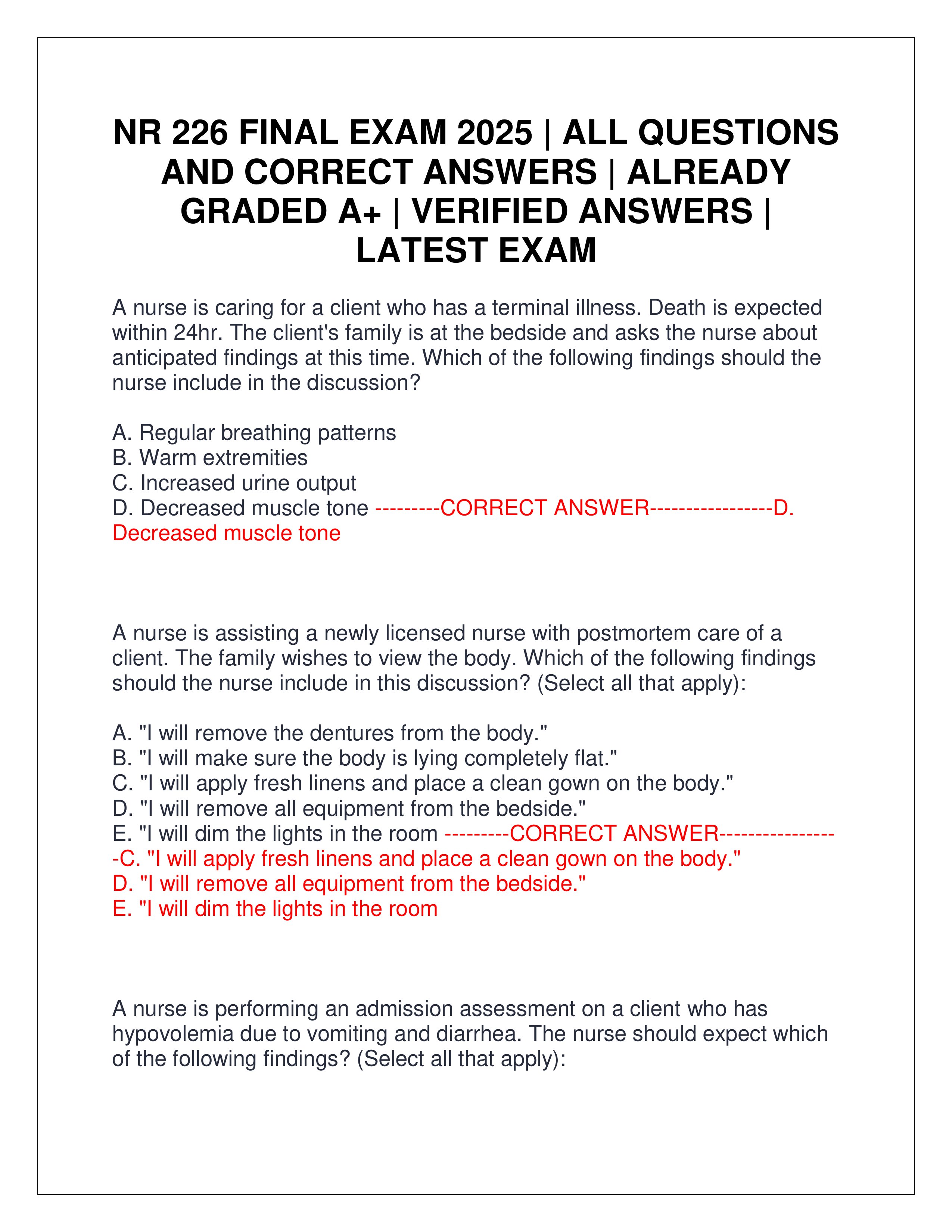 Preview page 1 of NR 226 FINAL EXAM 2025 | ALL QUESTIONS AND CORRECT ANSWERS | ALREADY GRADED A+ | VERIFIED ANSWERS | LATEST EXAM