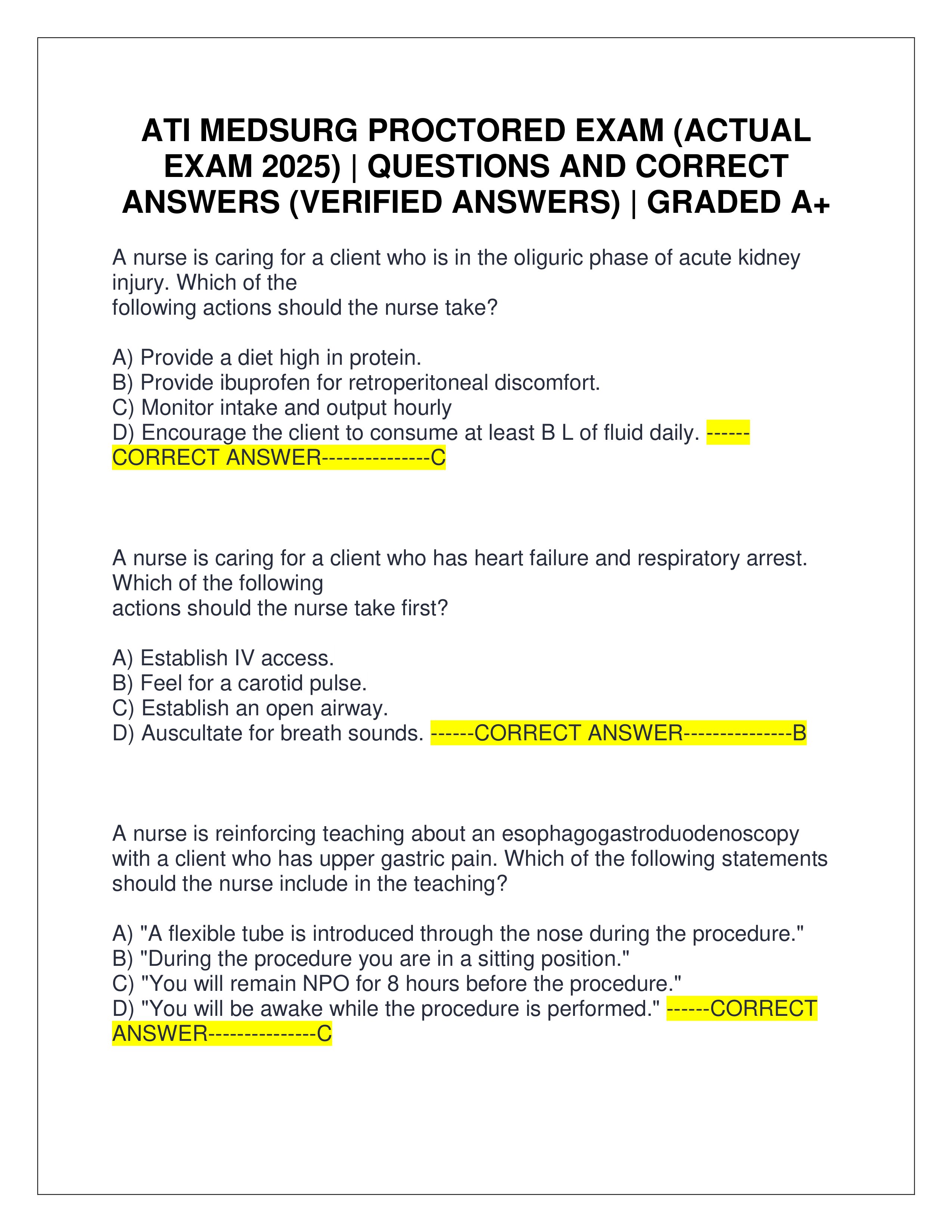 Preview page 1 of ATI MEDSURG PROCTORED EXAM (ACTUAL EXAM 2025) | QUESTIONS AND CORRECT ANSWERS (VERIFIED ANSWERS) | GRADED A+