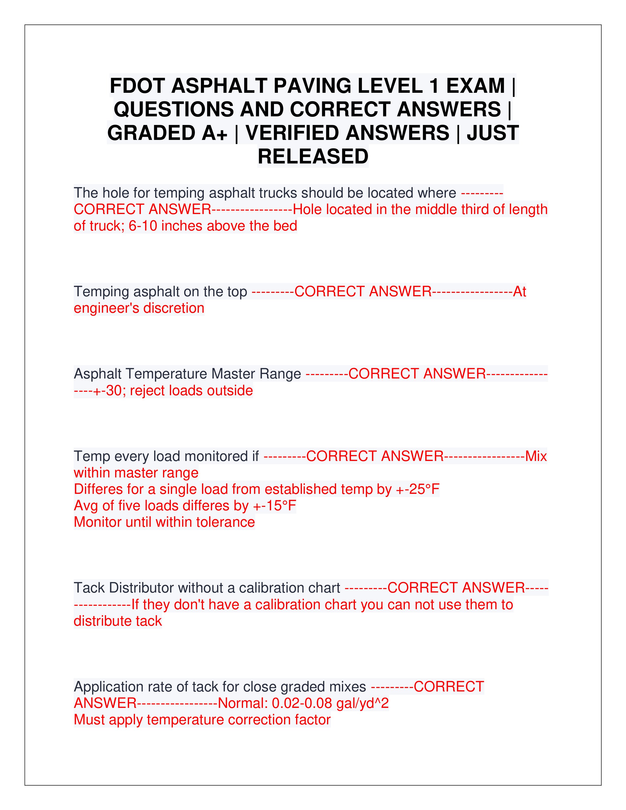 Preview page 1 of FDOT ASPHALT PAVING LEVEL 1 EXAM | QUESTIONS AND CORRECT ANSWERS | GRADED A+ | VERIFIED ANSWERS | JUST RELEASED