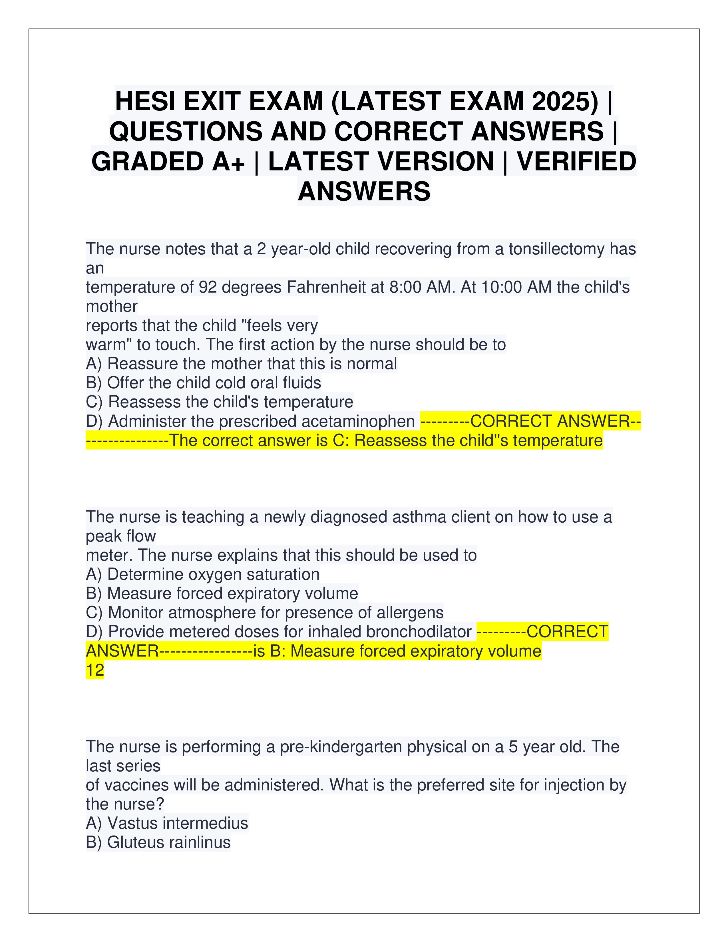 Preview page 1 of HESI EXIT EXAM (LATEST EXAM 2025) | QUESTIONS AND CORRECT ANSWERS | GRADED A+ | LATEST VERSION | VERIFIED ANSWERS