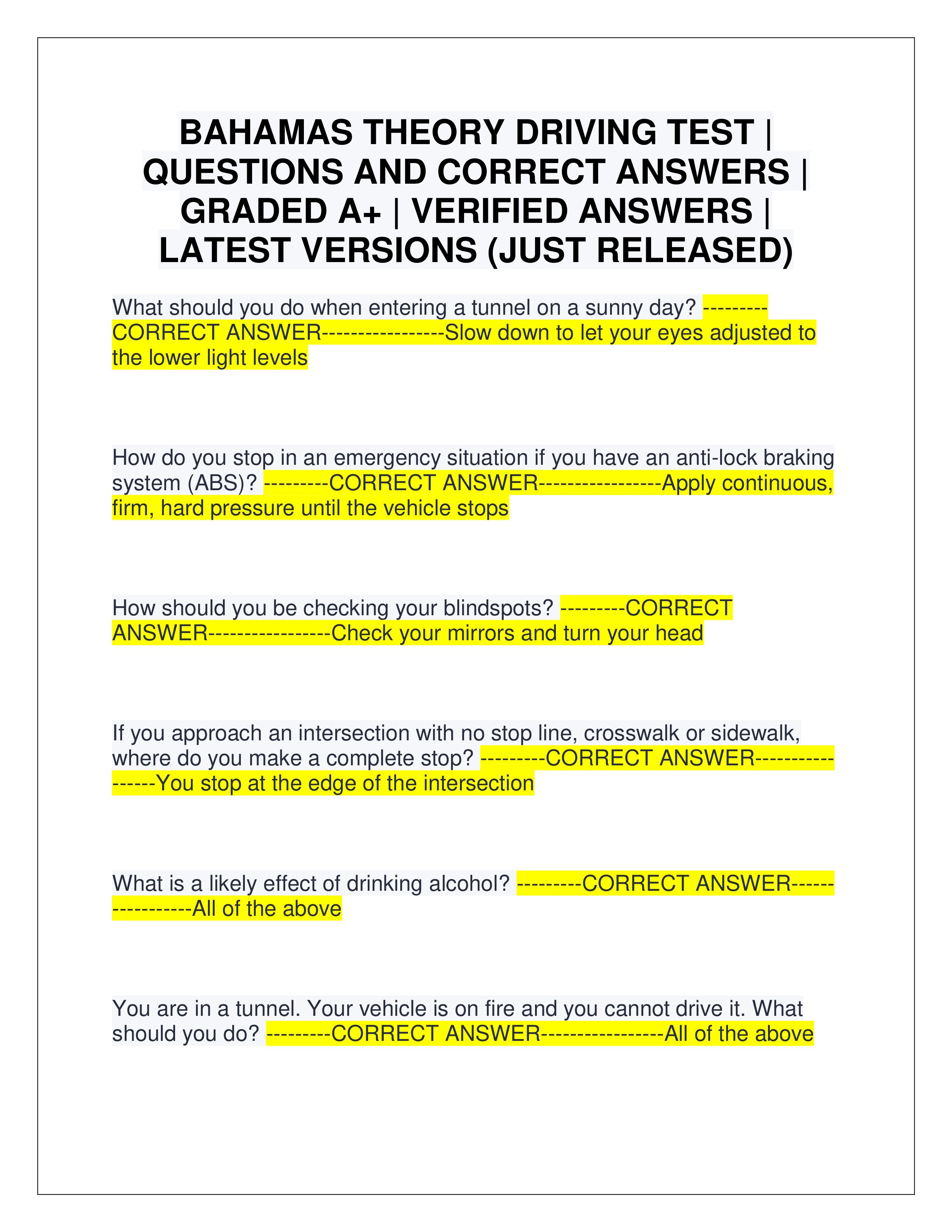 Preview page 1 of BAHAMAS THEORY DRIVING TEST | QUESTIONS AND CORRECT ANSWERS | GRADED A+ | VERIFIED ANSWERS | LATEST VERSIONS (JUST RELEA