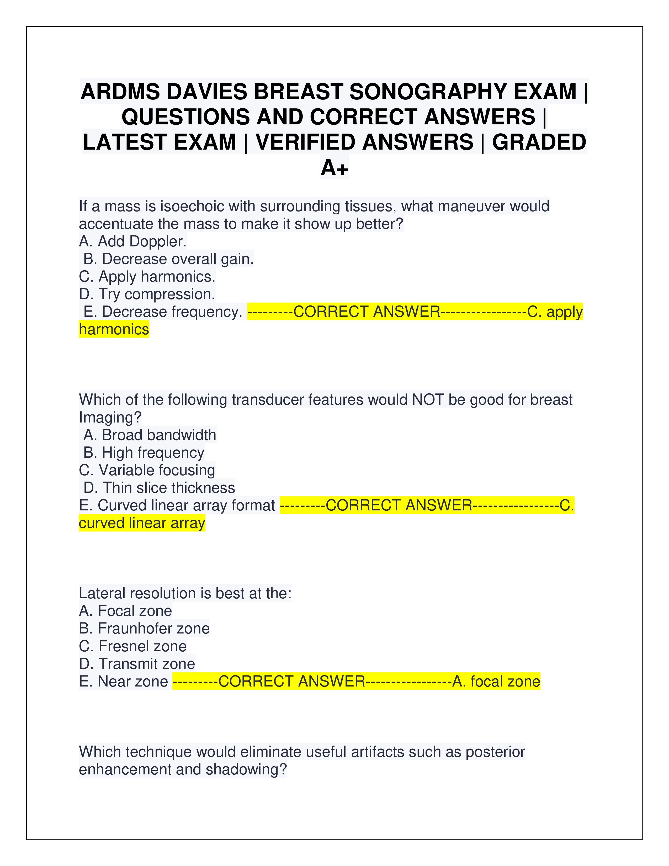 Preview page 1 of ARDMS DAVIES BREAST SONOGRAPHY EXAM | QUESTIONS AND CORRECT ANSWERS | LATEST EXAM | VERIFIED ANSWERS | GRADED A+