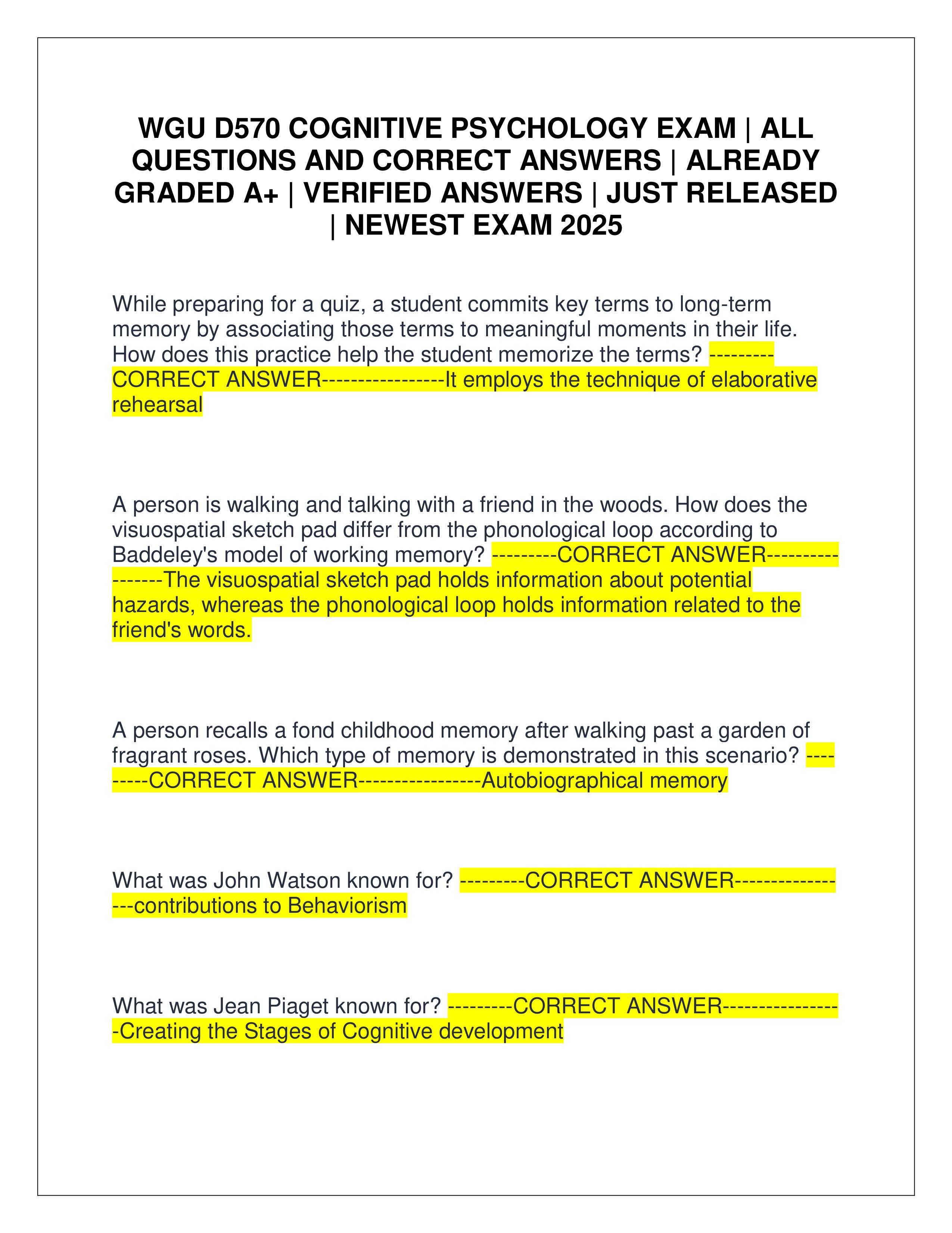 Preview page 1 of WGU D570 COGNITIVE PSYCHOLOGY EXAM | ALL QUESTIONS AND CORRECT ANSWERS | ALREADY GRADED A+ | VERIFIED ANSWERS | JUST REL