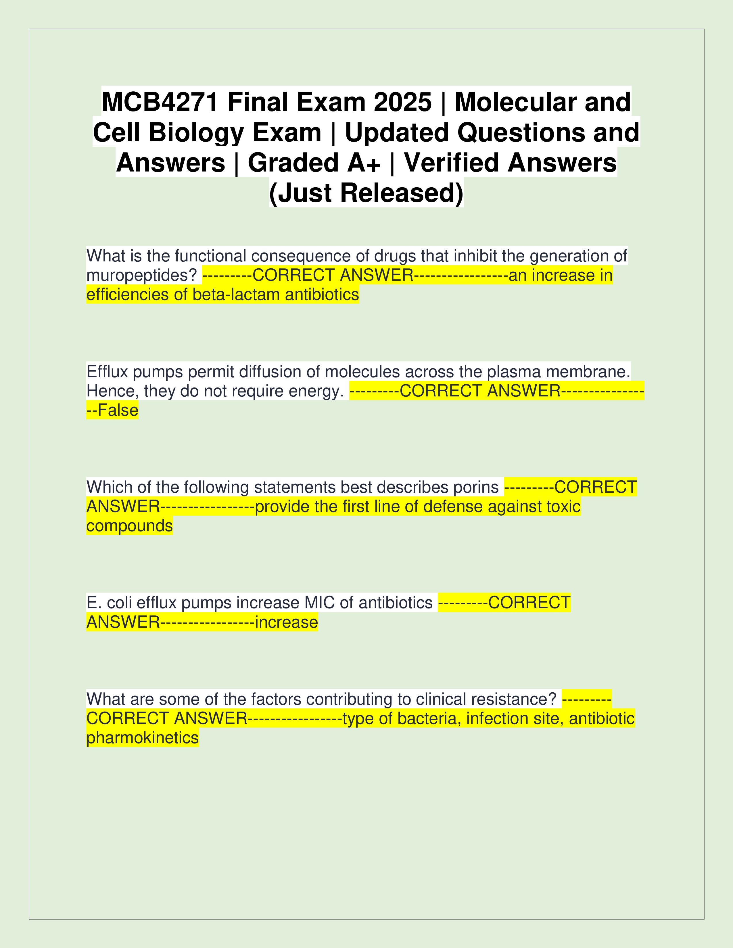 Preview page 1 of MCB4271 Final Exam 2025 | Molecular and Cell Biology Exam | Updated Questions and Answers | Graded A+ | Verified Answers