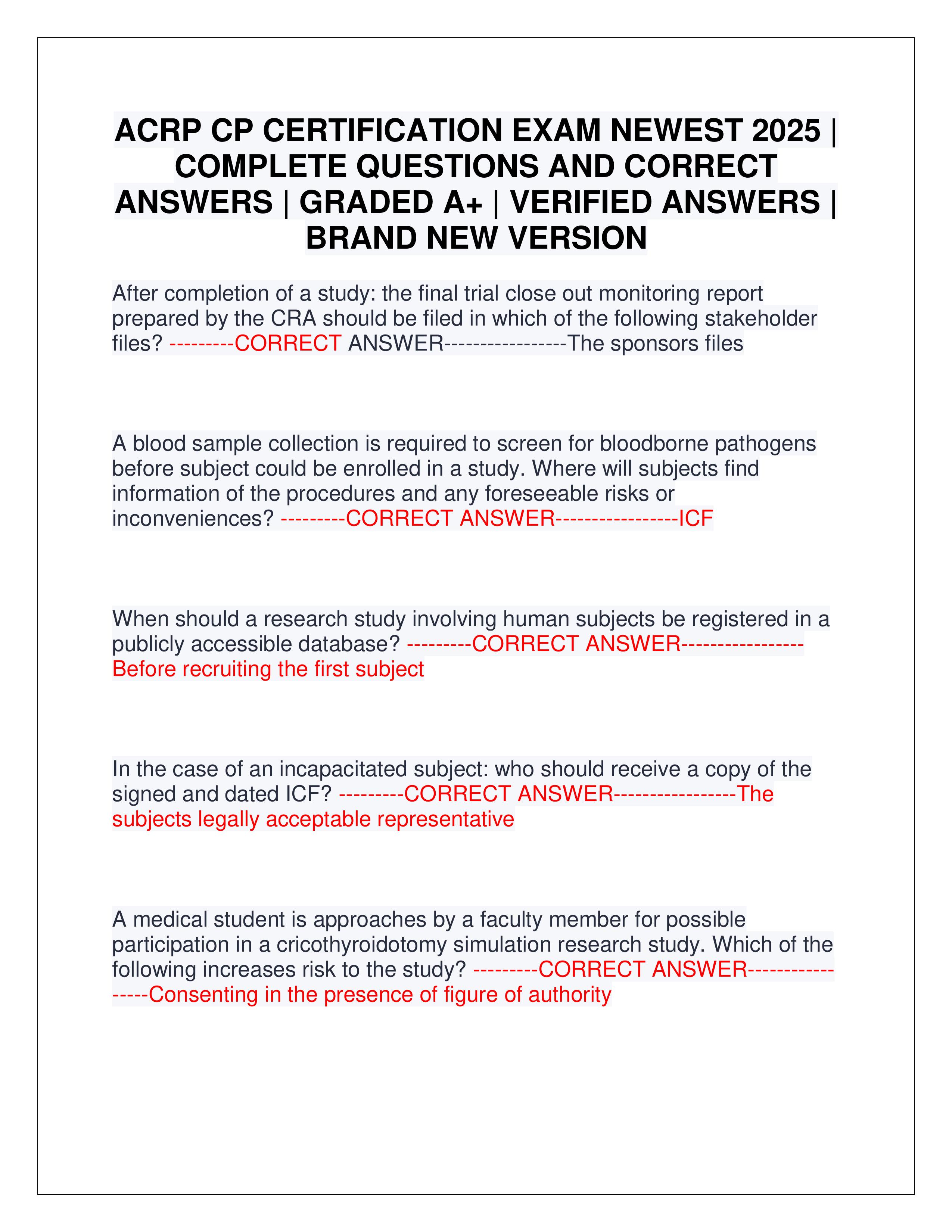 Preview of ACRP CP CERTIFICATION EXAM NEWEST 2025 | COMPLETE QUESTIONS AND CORRECT ANSWERS | GRADED A+ | VERIFIED ANSWERS | BRAND N