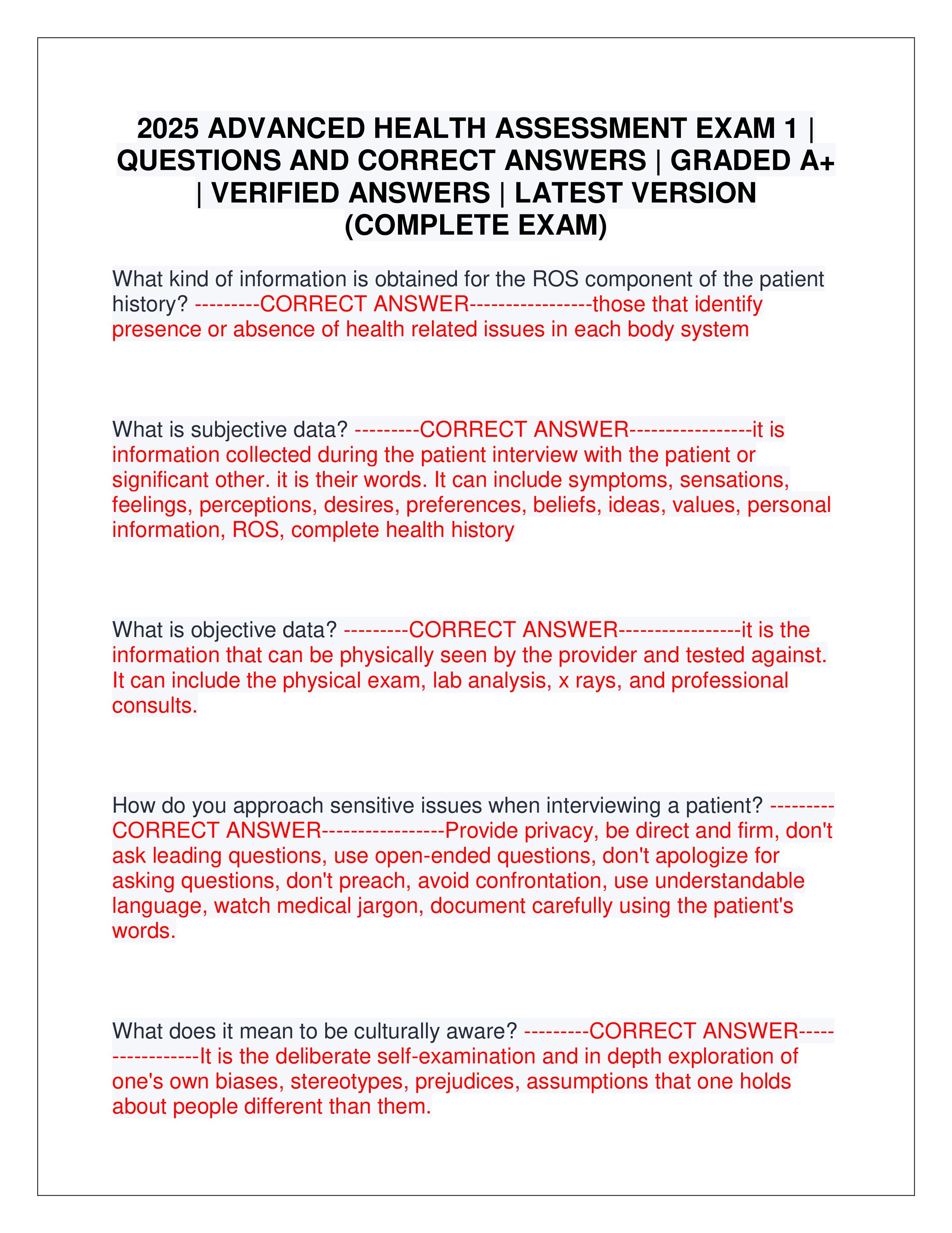 Preview of 2025 ADVANCED HEALTH ASSESSMENT EXAM 1 | QUESTIONS AND CORRECT ANSWERS | GRADED A+ | VERIFIED ANSWERS | LATEST VERSION (
