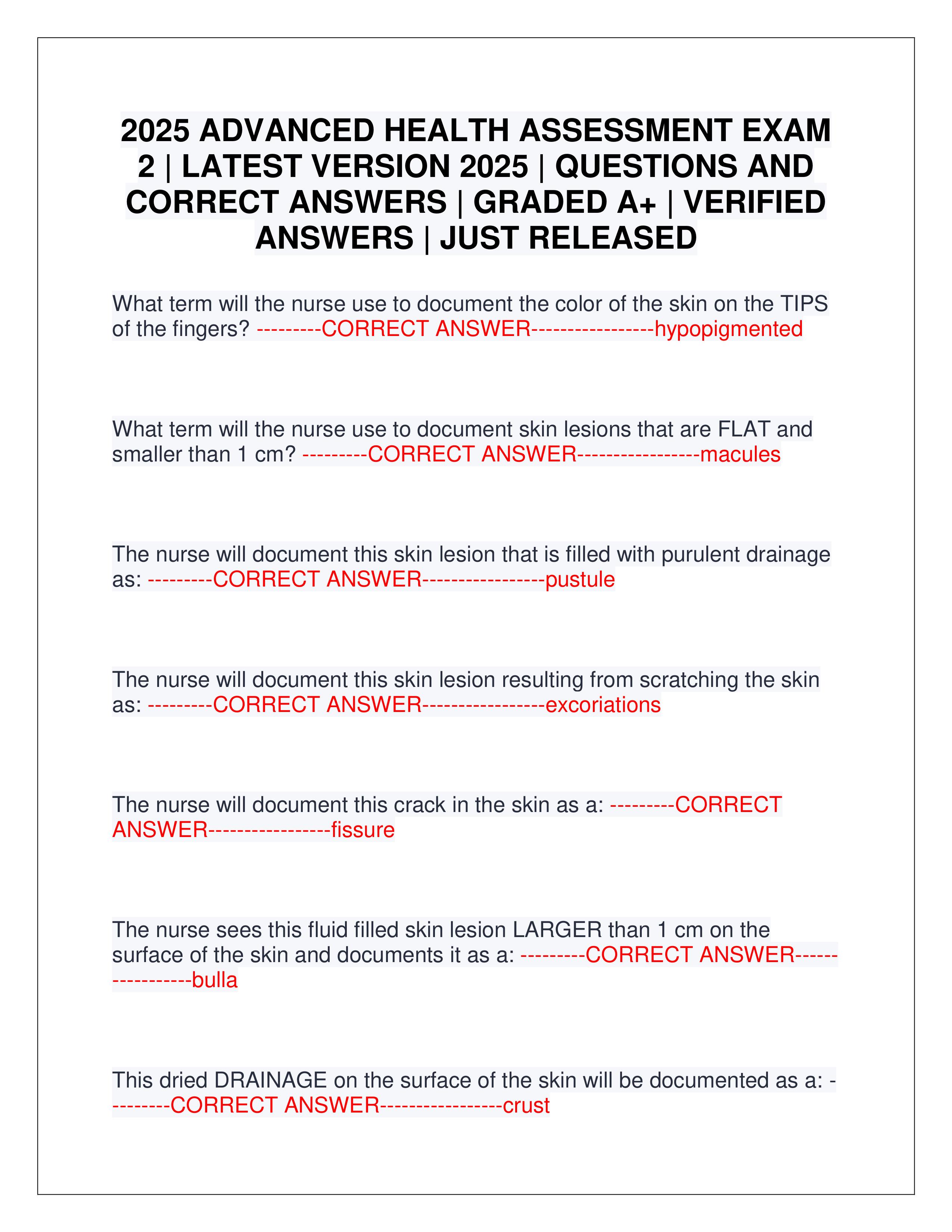 Preview of 2025 ADVANCED HEALTH ASSESSMENT EXAM 2 | LATEST VERSION 2025 | QUESTIONS AND CORRECT ANSWERS | GRADED A+ | VERIFIED ANSW