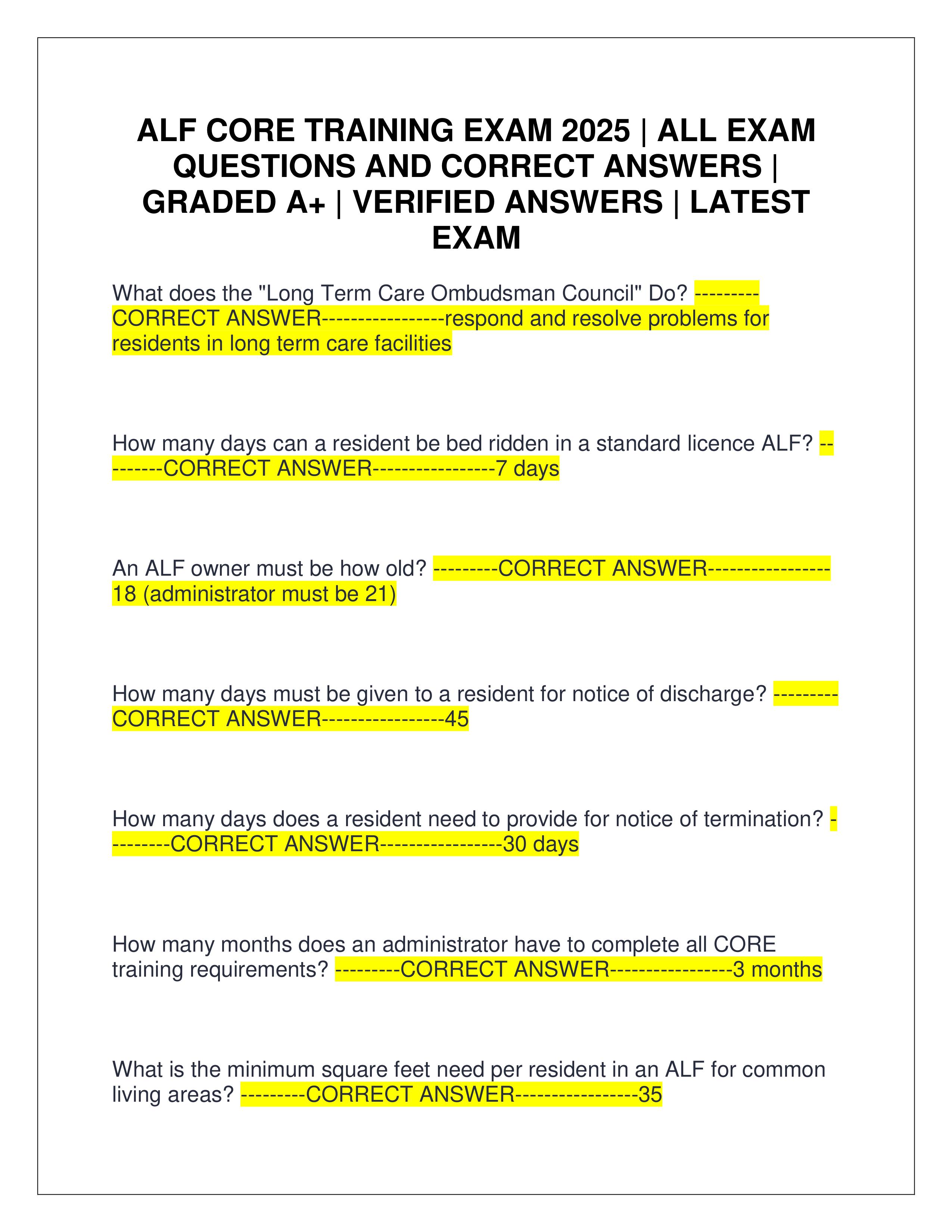 Preview of ALF CORE TRAINING EXAM 2025 | ALL EXAM QUESTIONS AND CORRECT ANSWERS | GRADED A+ | VERIFIED ANSWERS | LATEST EXAM