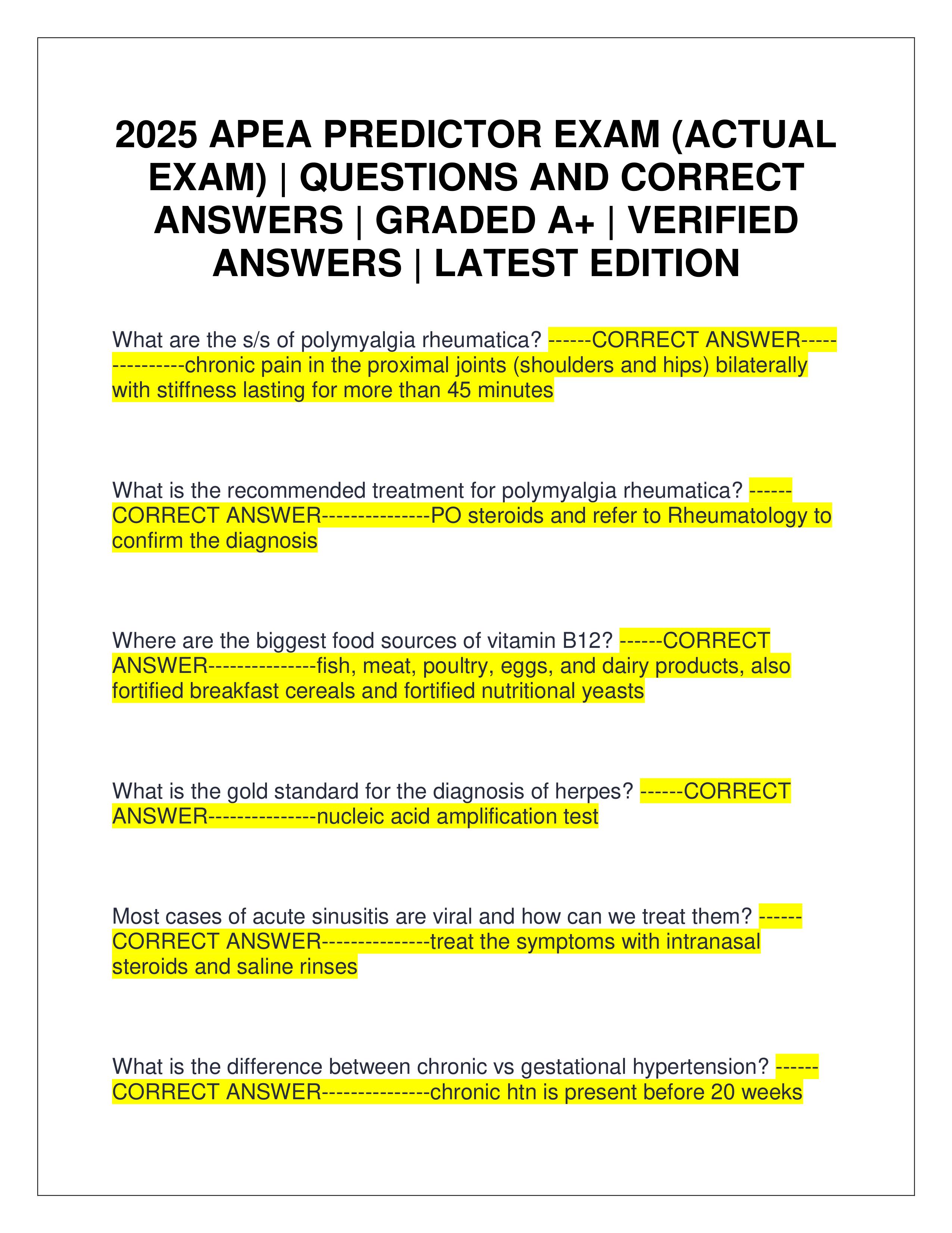 Preview of 2025 APEA PREDICTOR EXAM (ACTUAL EXAM) | QUESTIONS AND CORRECT ANSWERS | GRADED A+ | VERIFIED ANSWERS | LATEST EDITION
