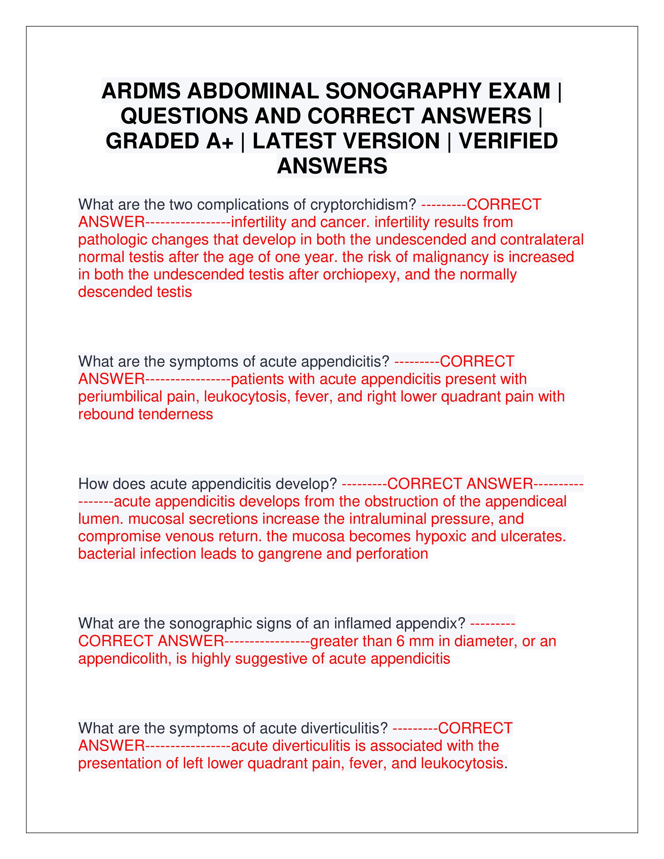 Preview of ARDMS ABDOMINAL SONOGRAPHY EXAM | QUESTIONS AND CORRECT ANSWERS | GRADED A+ | LATEST VERSION | VERIFIED ANSWERS