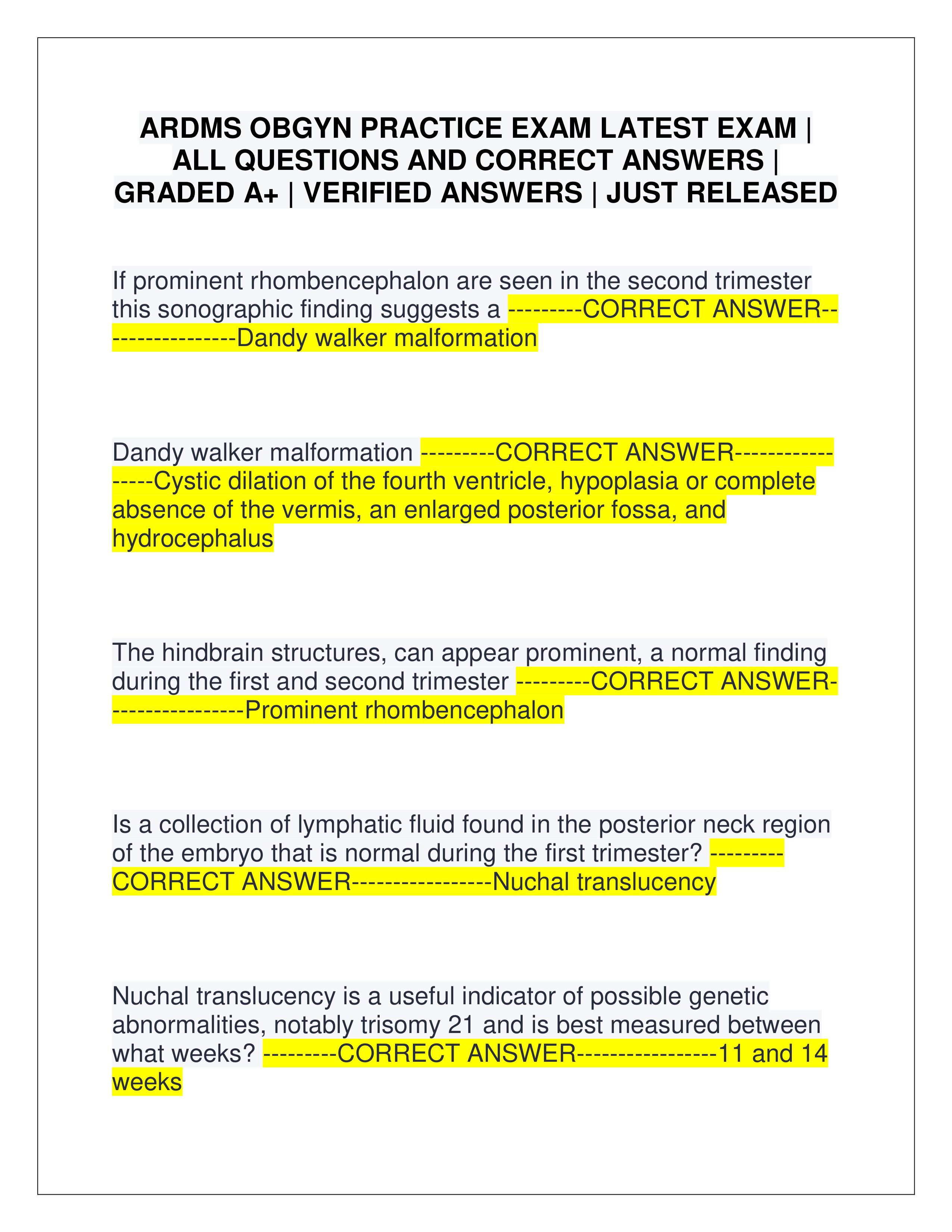 Preview of ARDMS OBGYN PRACTICE EXAM LATEST EXAM | ALL QUESTIONS AND CORRECT ANSWERS | GRADED A+ | VERIFIED ANSWERS | JUST RELEASED