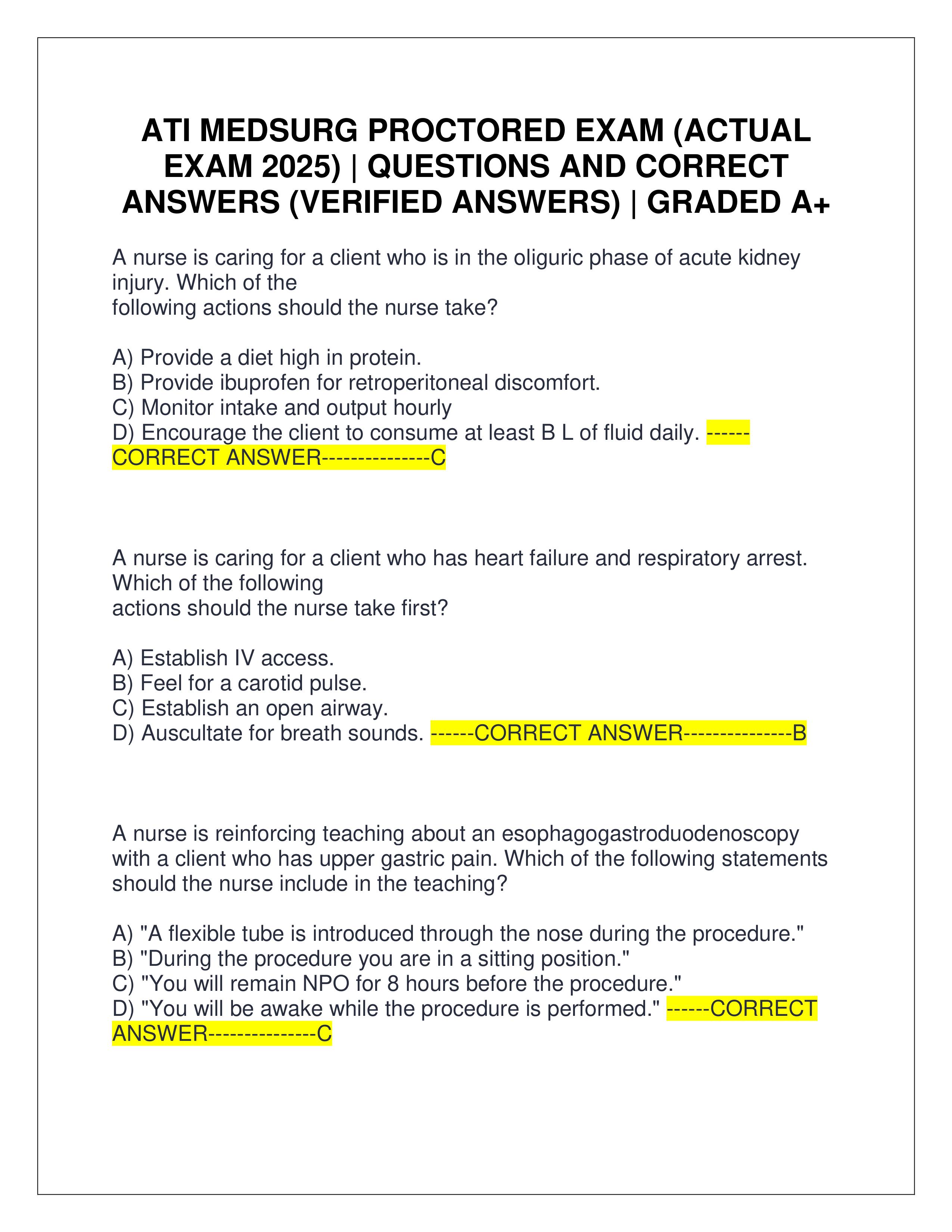 Preview of ATI MEDSURG PROCTORED EXAM (ACTUAL EXAM 2025) | QUESTIONS AND CORRECT ANSWERS (VERIFIED ANSWERS) | GRADED A+