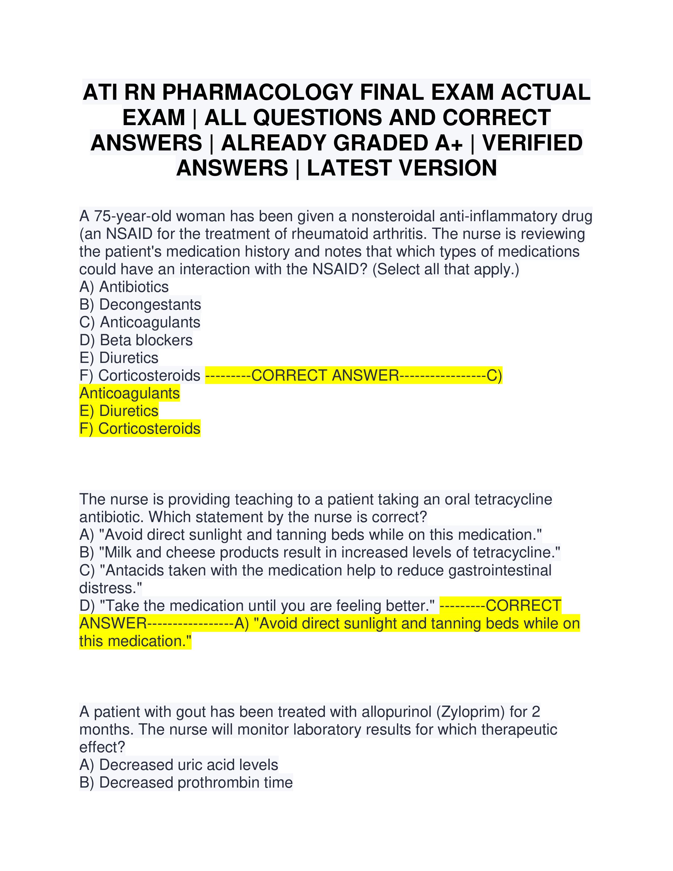 Preview of ATI RN PHARMACOLOGY FINAL EXAM ACTUAL EXAM | ALL QUESTIONS AND CORRECT ANSWERS | ALREADY GRADED A+ | VERIFIED ANSWERS | 