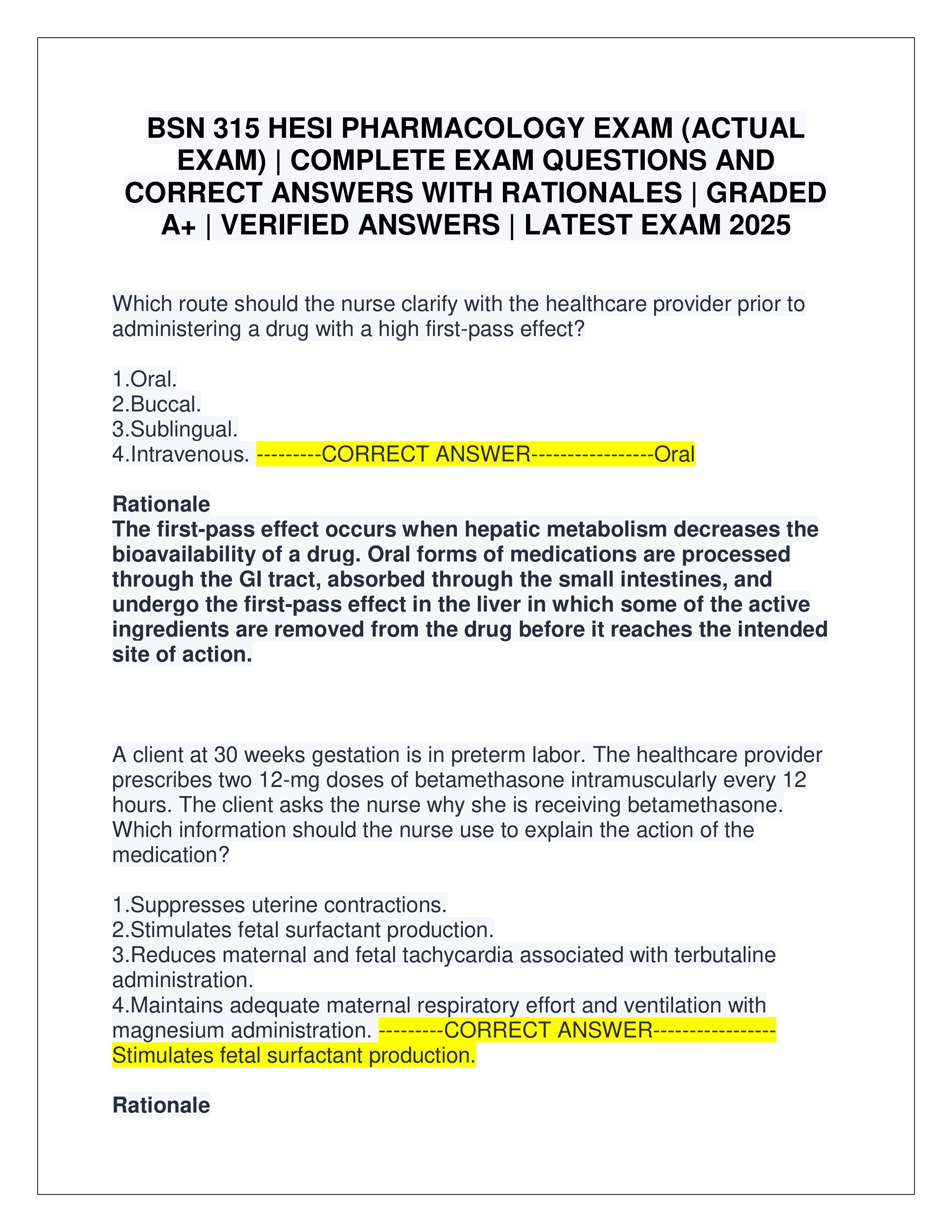 Preview of BSN 315 HESI PHARMACOLOGY EXAM (ACTUAL EXAM) | COMPLETE EXAM QUESTIONS AND CORRECT ANSWERS WITH RATIONALES | GRADED A+ |