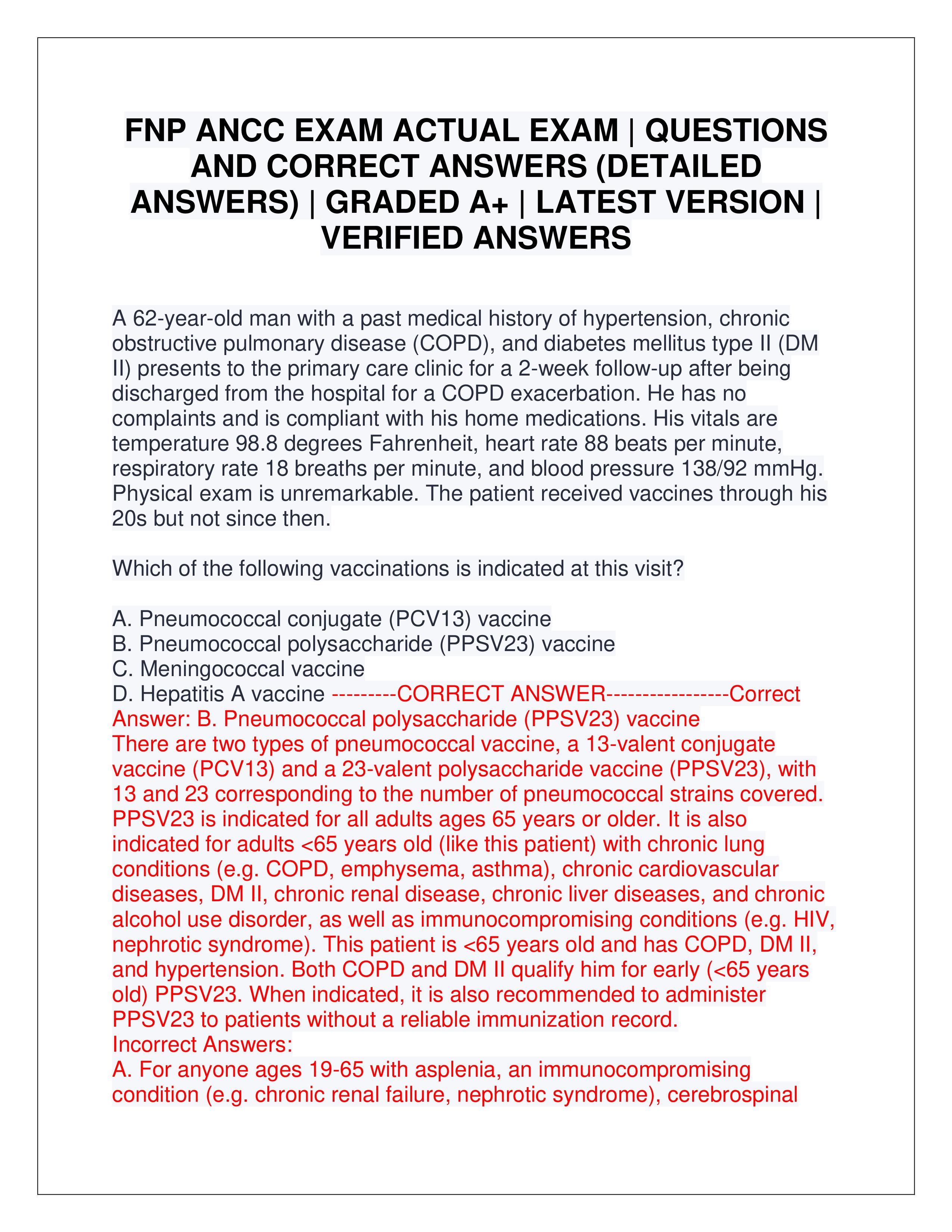 Preview of FNP ANCC EXAM ACTUAL EXAM | QUESTIONS AND CORRECT ANSWERS (DETAILED ANSWERS) | GRADED A+ | LATEST VERSION | VERIFIED ANS