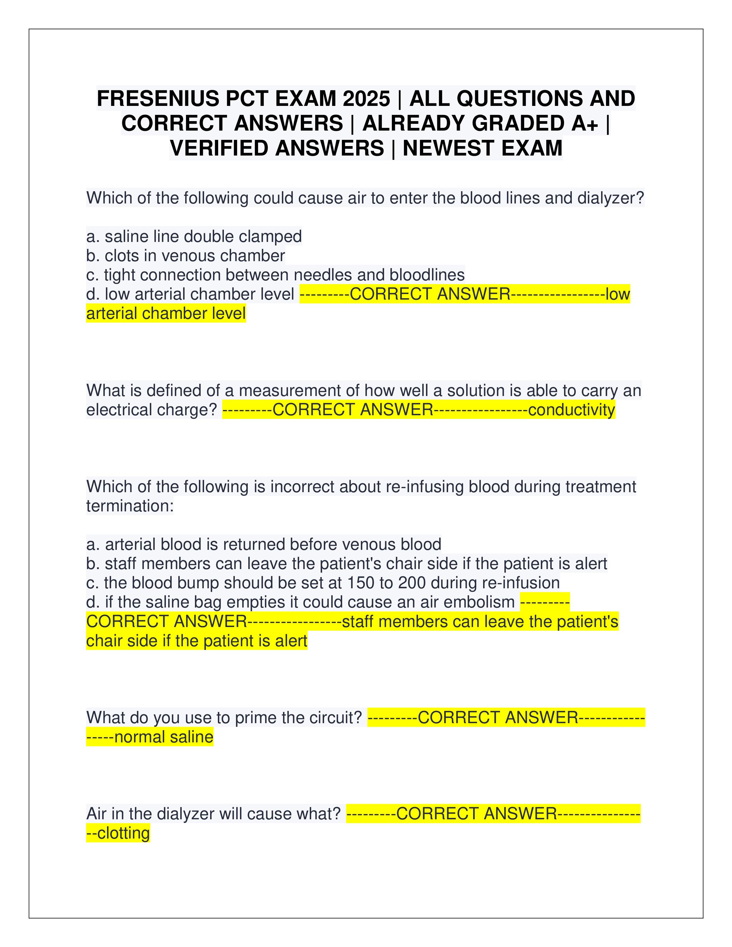 Preview of FRESENIUS PCT EXAM 2025 | ALL QUESTIONS AND CORRECT ANSWERS | ALREADY GRADED A+ | VERIFIED ANSWERS | NEWEST EXAM