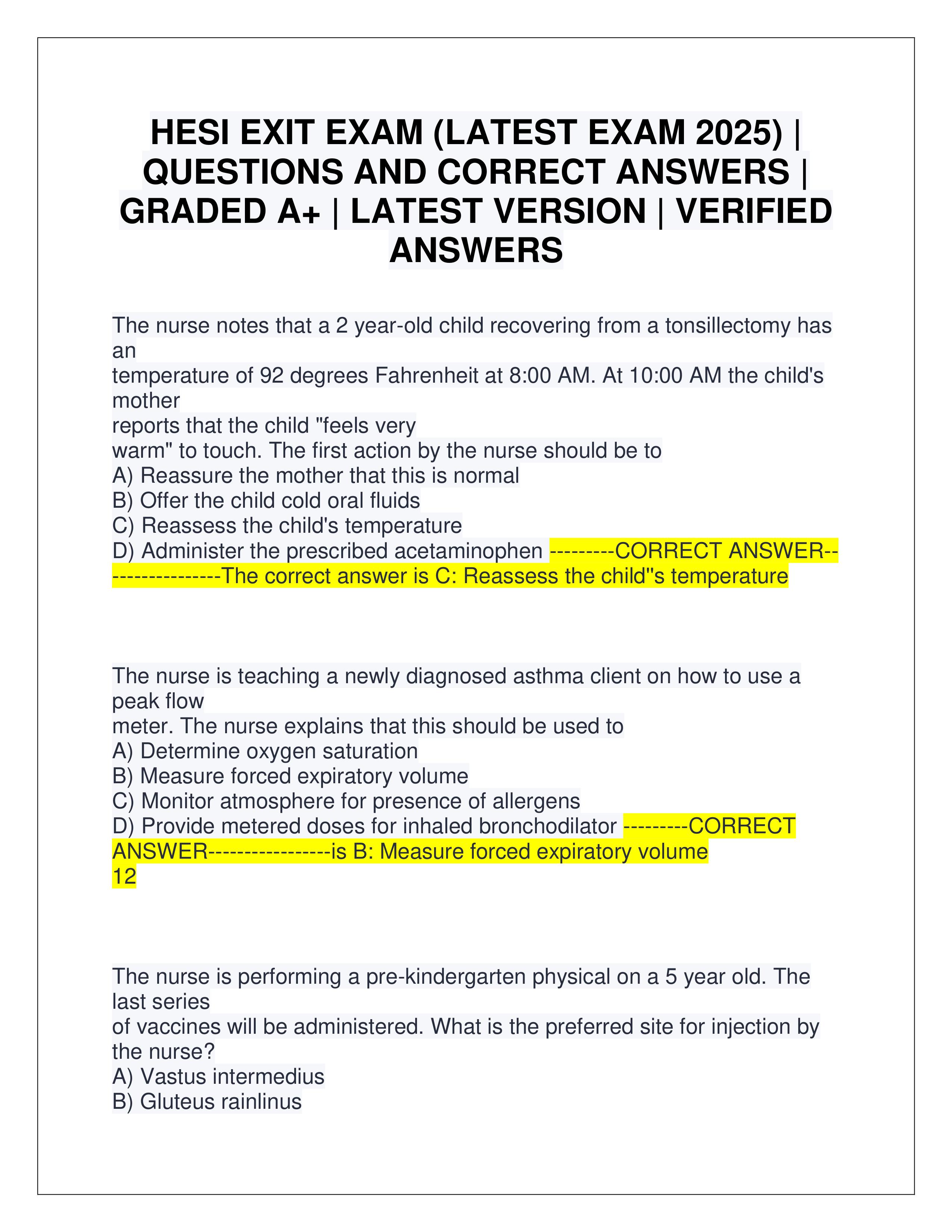 Preview of HESI EXIT EXAM (LATEST EXAM 2025) | QUESTIONS AND CORRECT ANSWERS | GRADED A+ | LATEST VERSION | VERIFIED ANSWERS