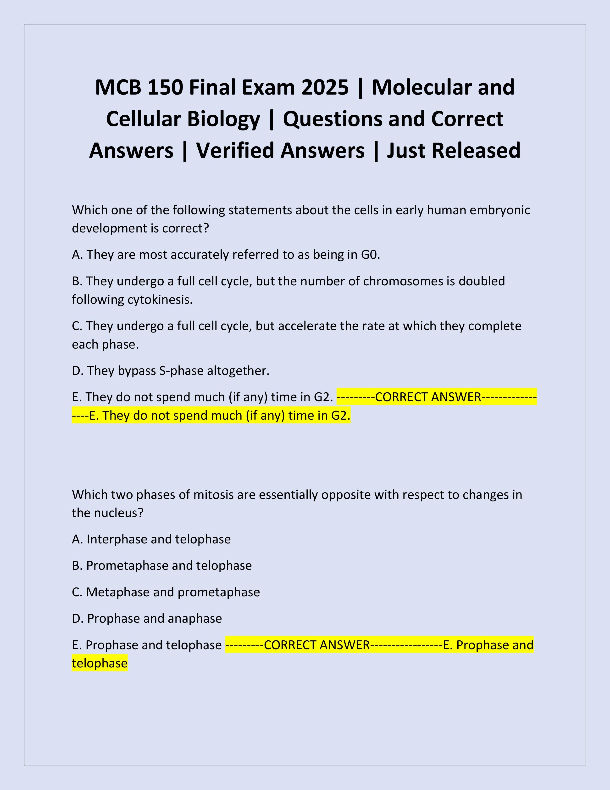 Preview of MCB 150 Final Exam 2025 | Molecular and Cellular Biology | Questions and Correct Answers | Verified Answers | Just Relea