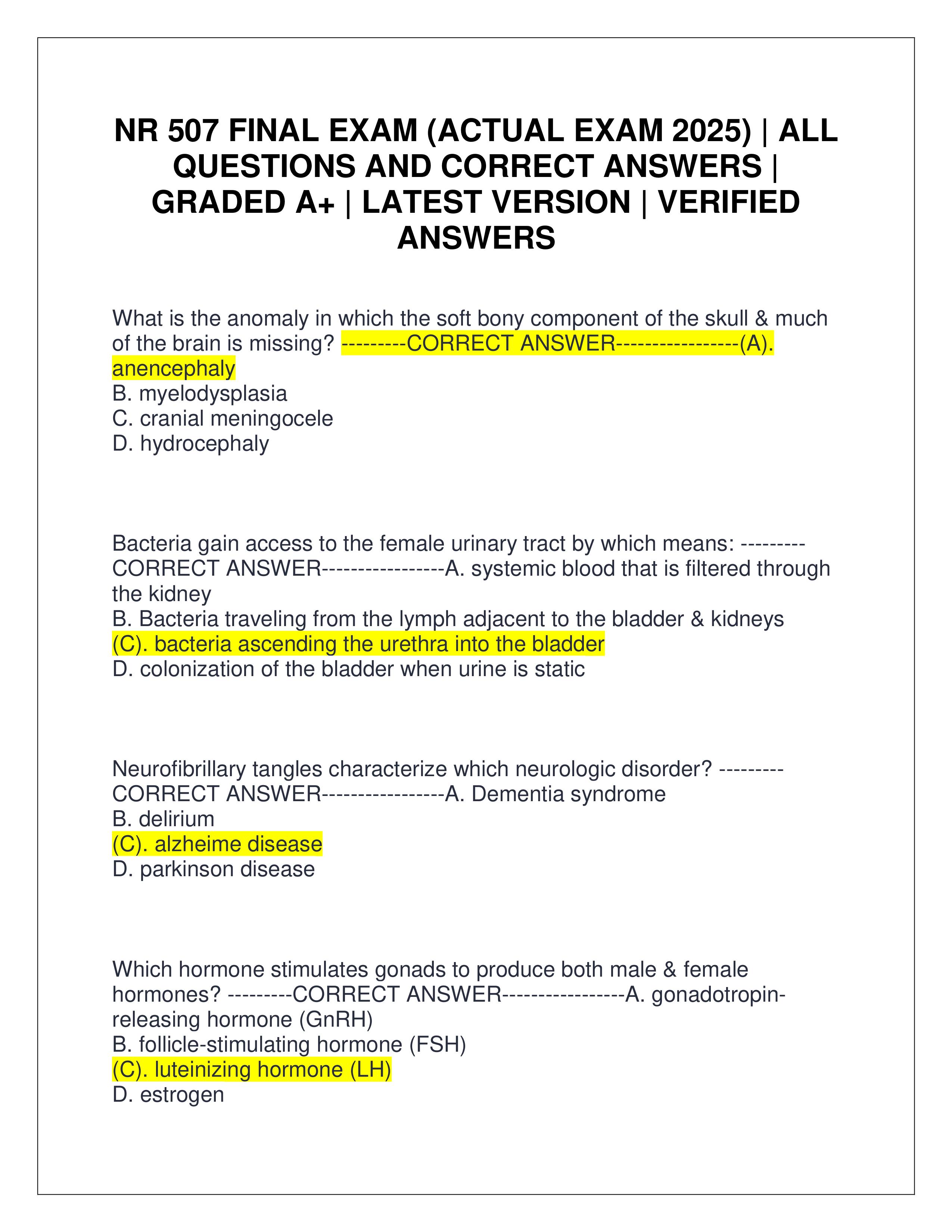 Preview of NR 507 FINAL EXAM (ACTUAL EXAM 2025) | ALL QUESTIONS AND CORRECT ANSWERS | GRADED A+ | LATEST VERSION | VERIFIED ANSWERS