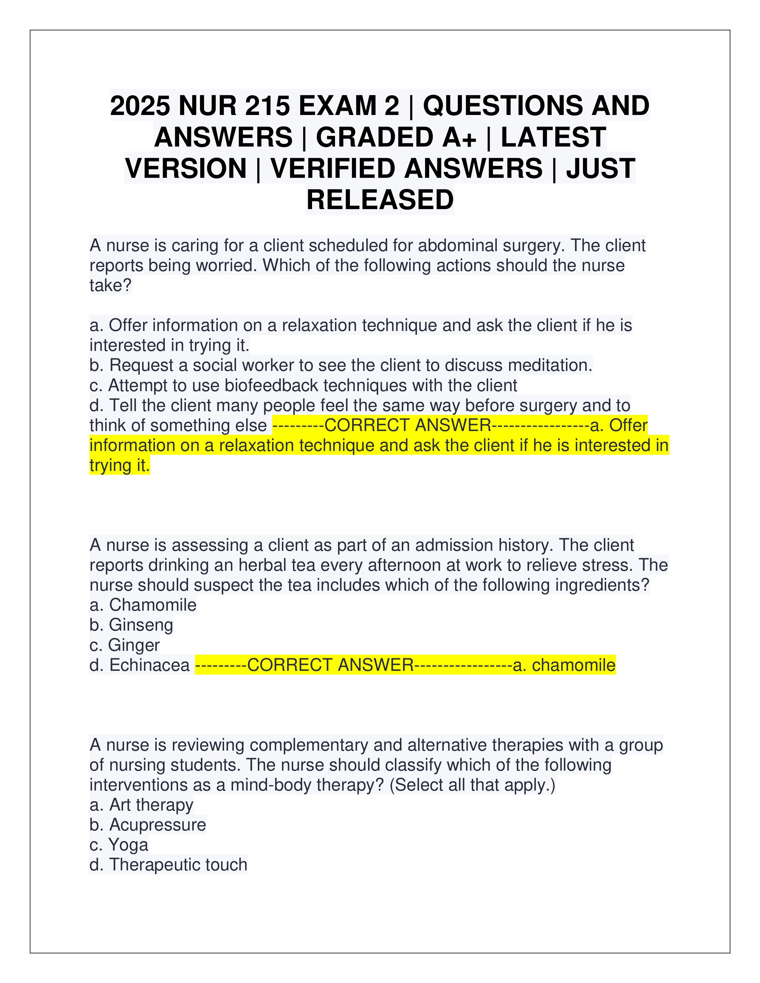 Preview of 2025 NUR 215 EXAM 2 | QUESTIONS AND ANSWERS | GRADED A+ | LATEST VERSION | VERIFIED ANSWERS | JUST RELEASED