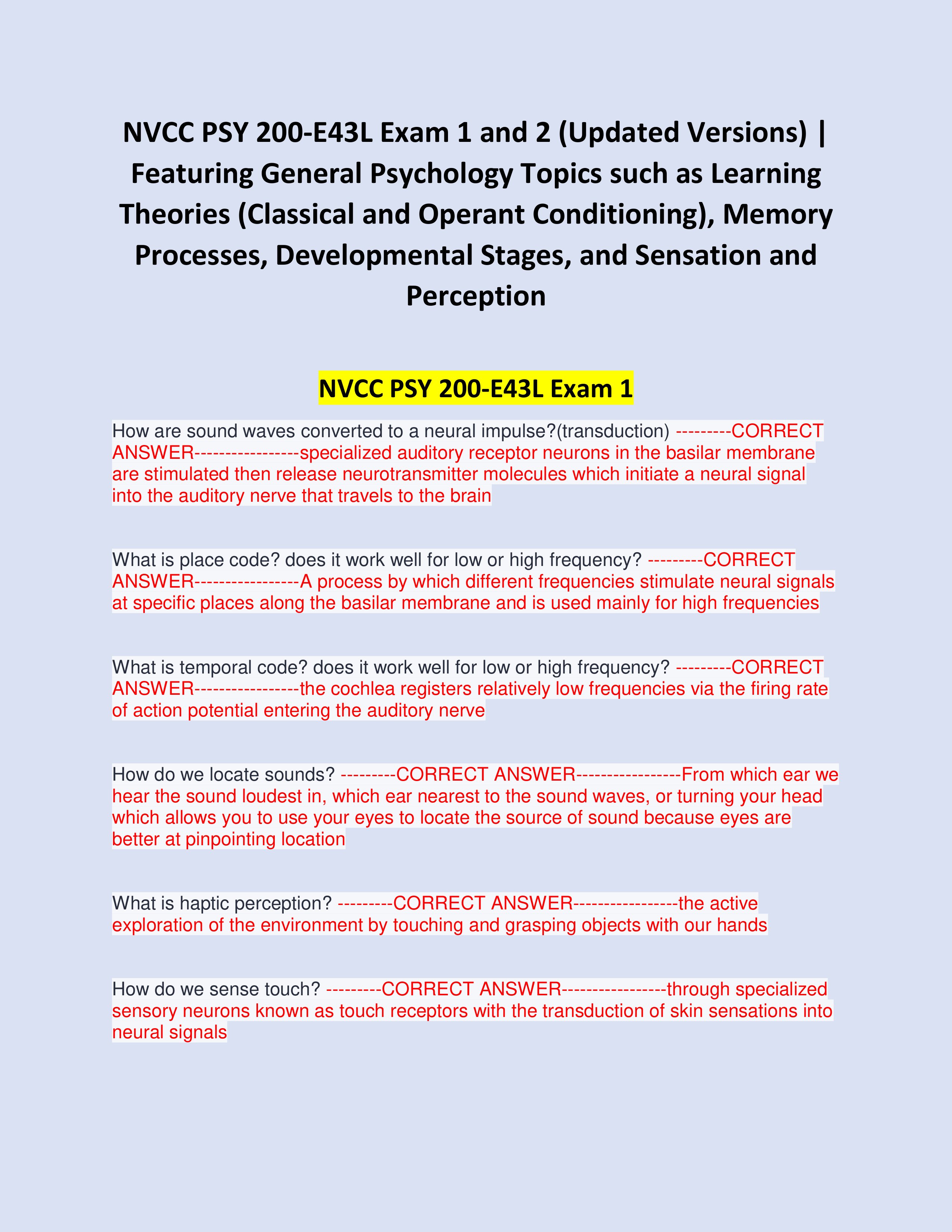 Preview of NVCC PSY 200-E43L Exam 1 and 2 (Updated Versions) | Featuring General Psychology Topics such as Learning Theories (Class
