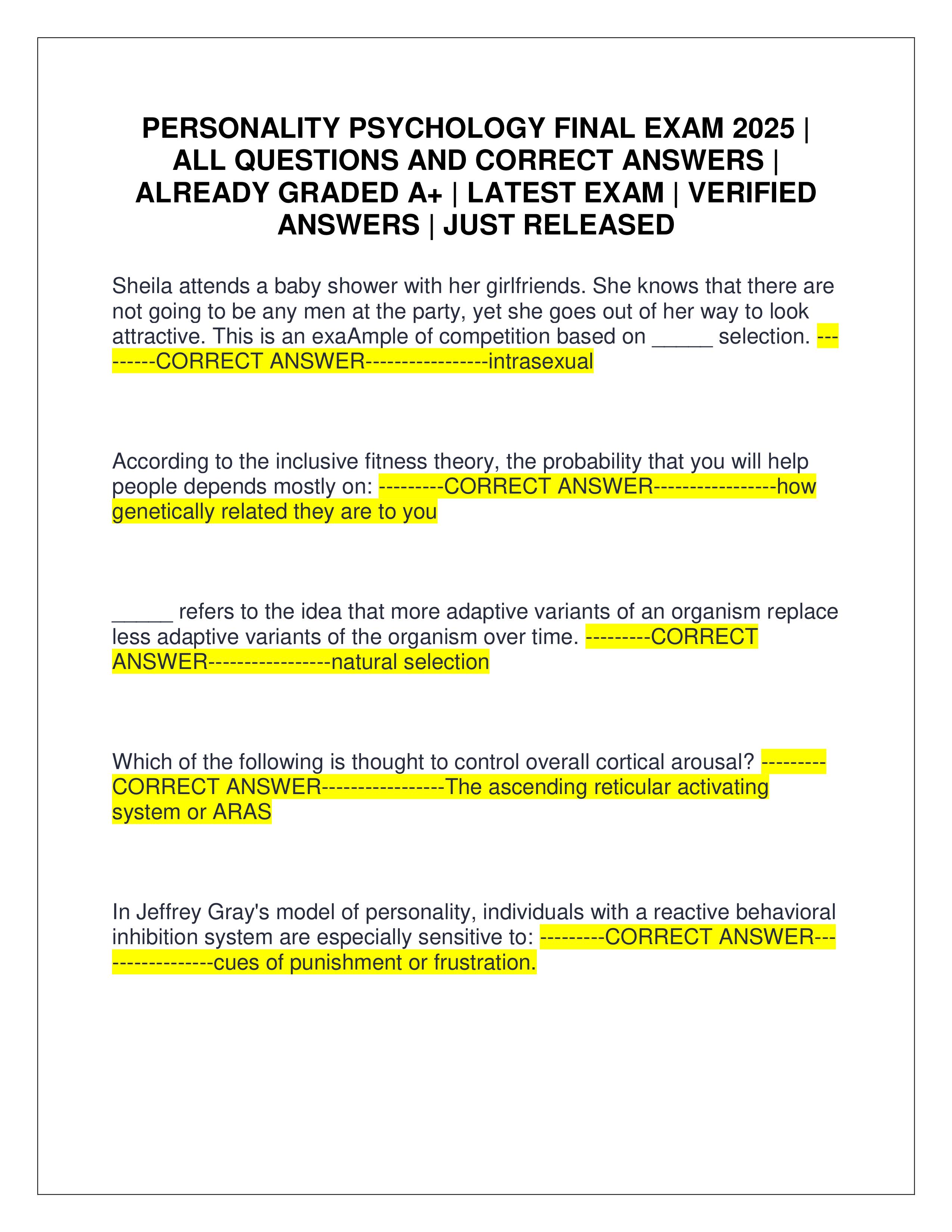 Preview of PERSONALITY PSYCHOLOGY FINAL EXAM 2025 | ALL QUESTIONS AND CORRECT ANSWERS | ALREADY GRADED A+ | LATEST EXAM | VERIFIED 