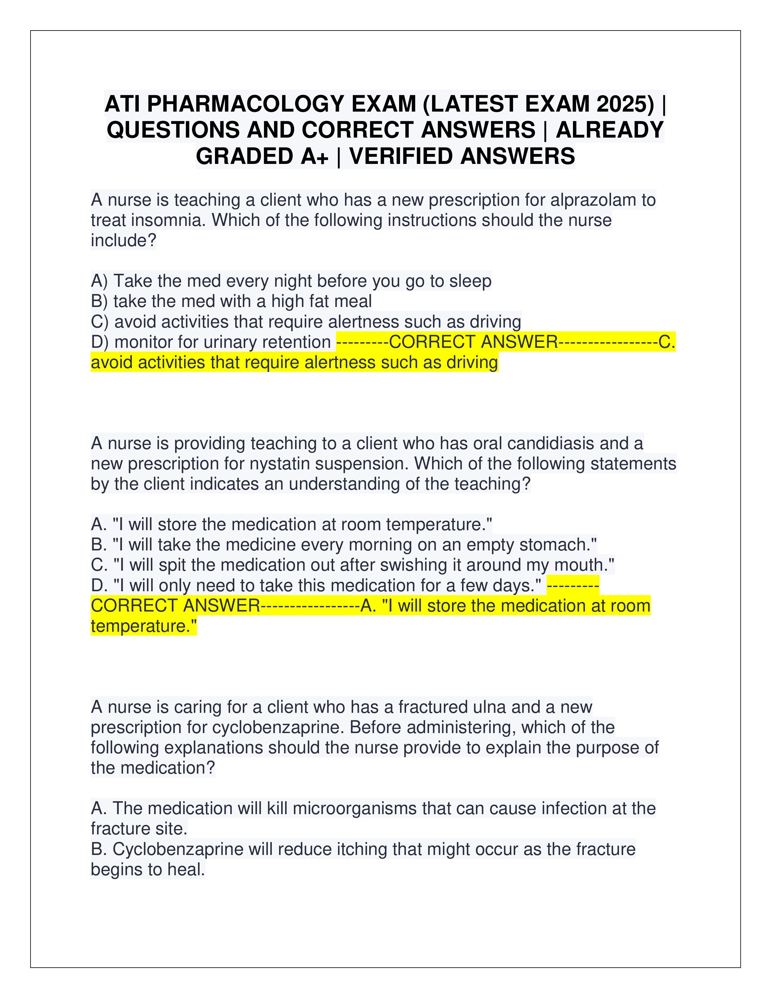 Preview of ATI PHARMACOLOGY EXAM (LATEST EXAM 2025) | QUESTIONS AND CORRECT ANSWERS | ALREADY GRADED A+ | VERIFIED ANSWERS