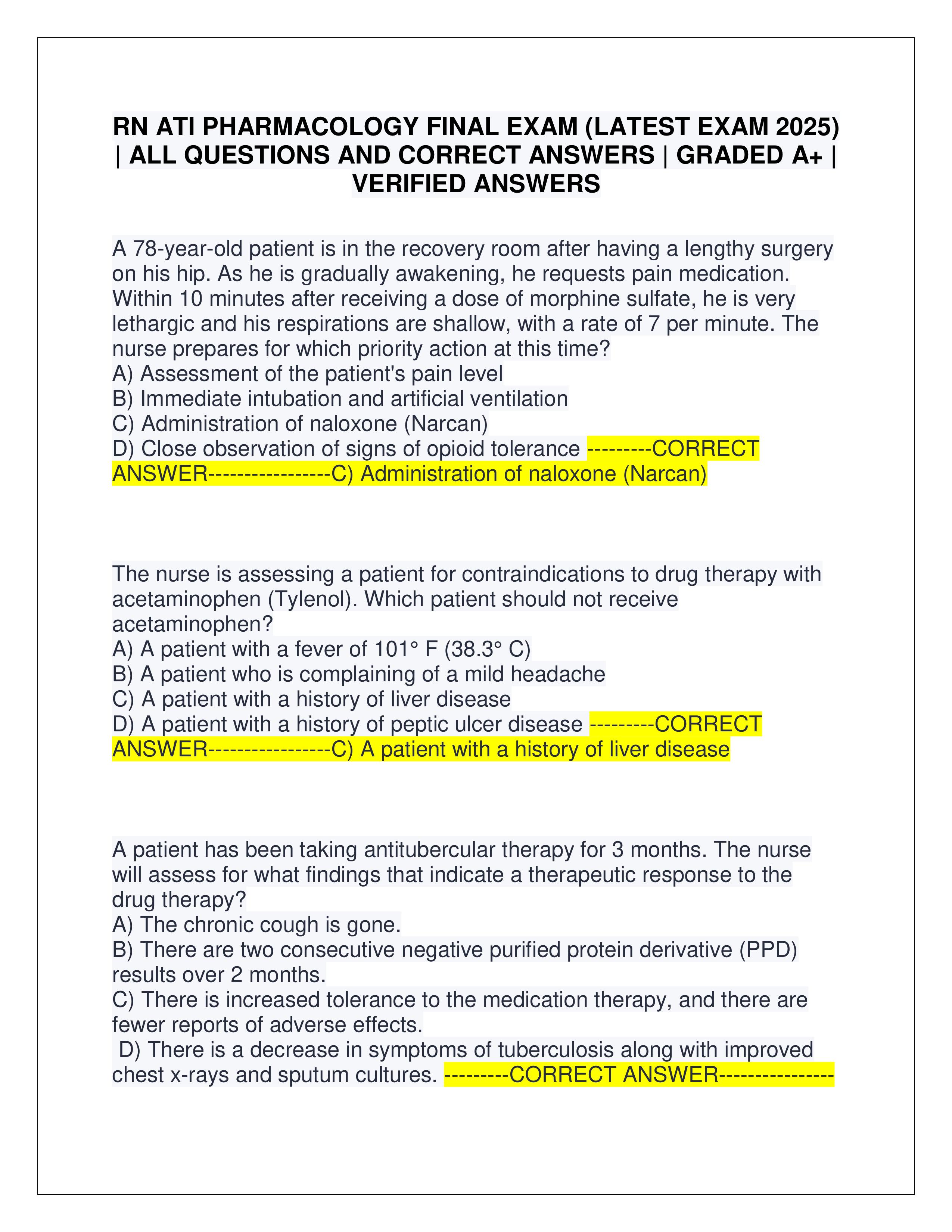 Preview of RN ATI PHARMACOLOGY FINAL EXAM (LATEST EXAM 2025) | ALL QUESTIONS AND CORRECT ANSWERS | GRADED A+ | VERIFIED ANSWERS