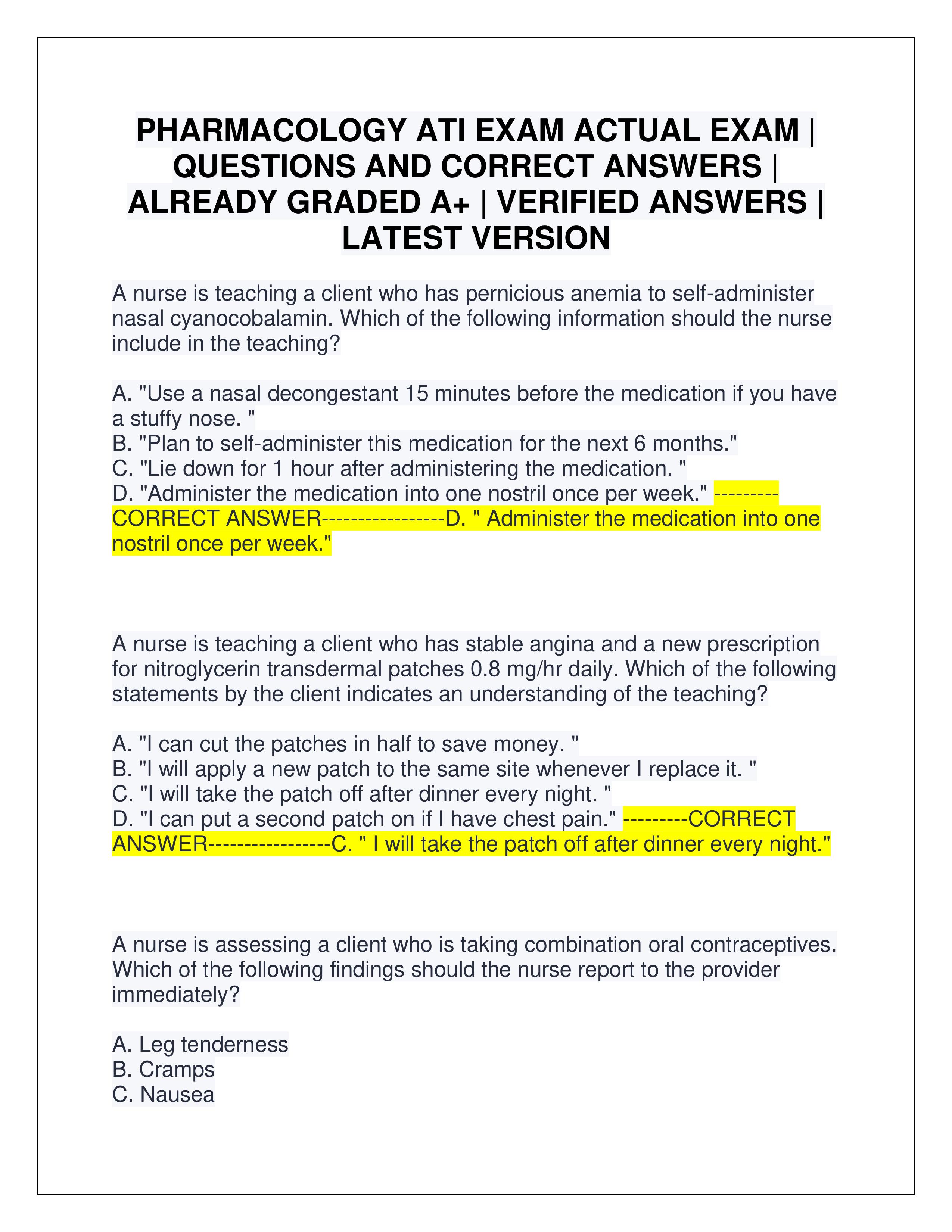 Preview of PHARMACOLOGY ATI EXAM ACTUAL EXAM | QUESTIONS AND CORRECT ANSWERS | ALREADY GRADED A+ | VERIFIED ANSWERS | LATEST VERSIO