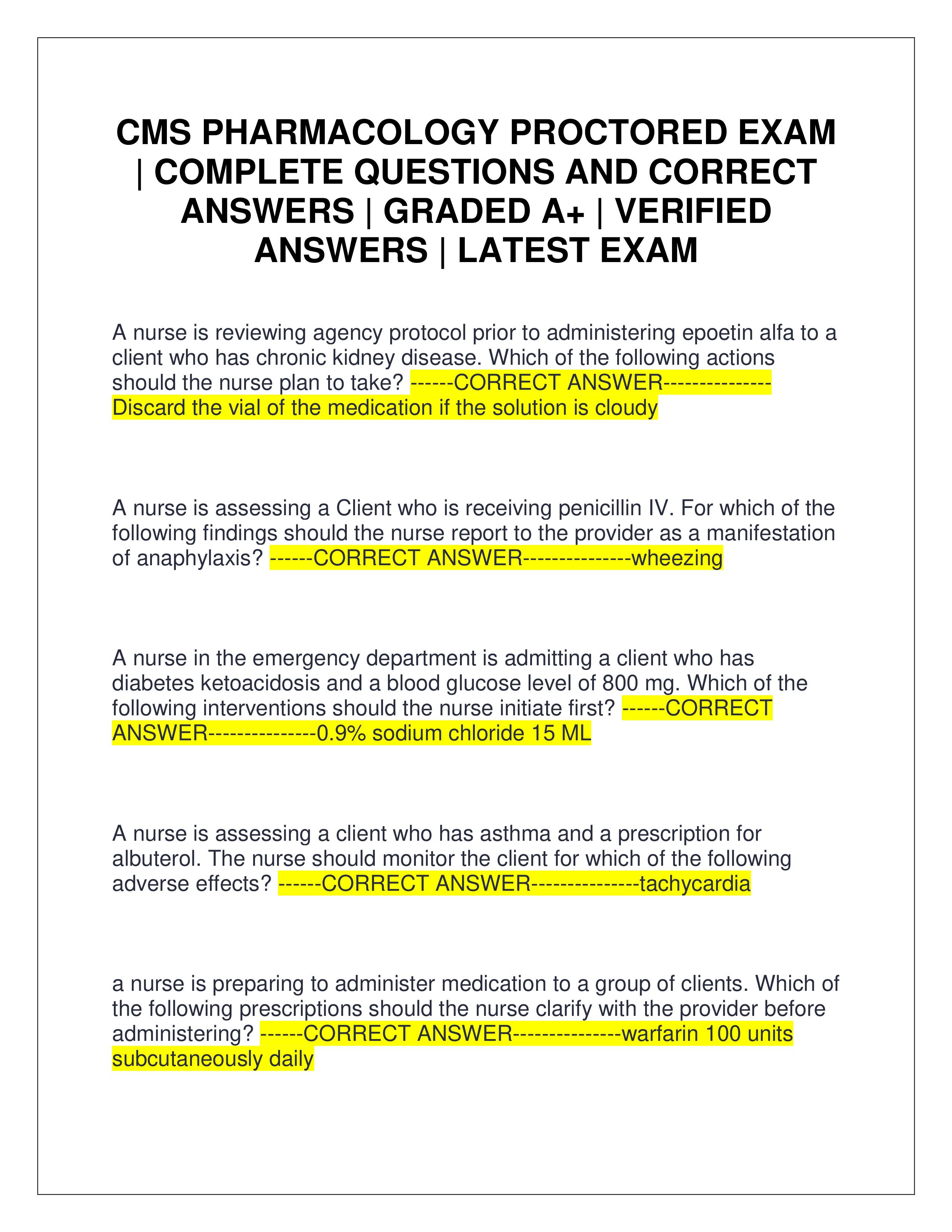 Preview of CMS PHARMACOLOGY PROCTORED EXAM | COMPLETE QUESTIONS AND CORRECT ANSWERS | GRADED A+ | VERIFIED ANSWERS | LATEST EXAM